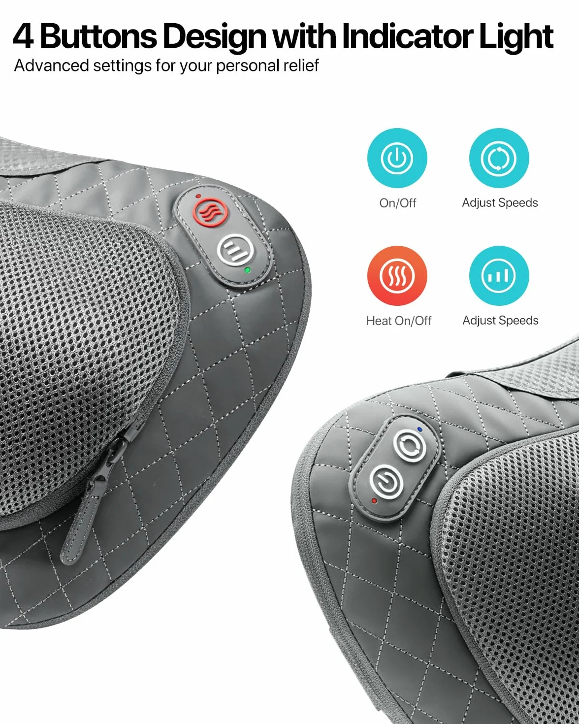 ALLJOY Cojín de Masaje Inalámbrico Shiatsu con Calor para Cuello y Espalda, 3 Niveles 4 Nodos, Regalo para Coche Hogar