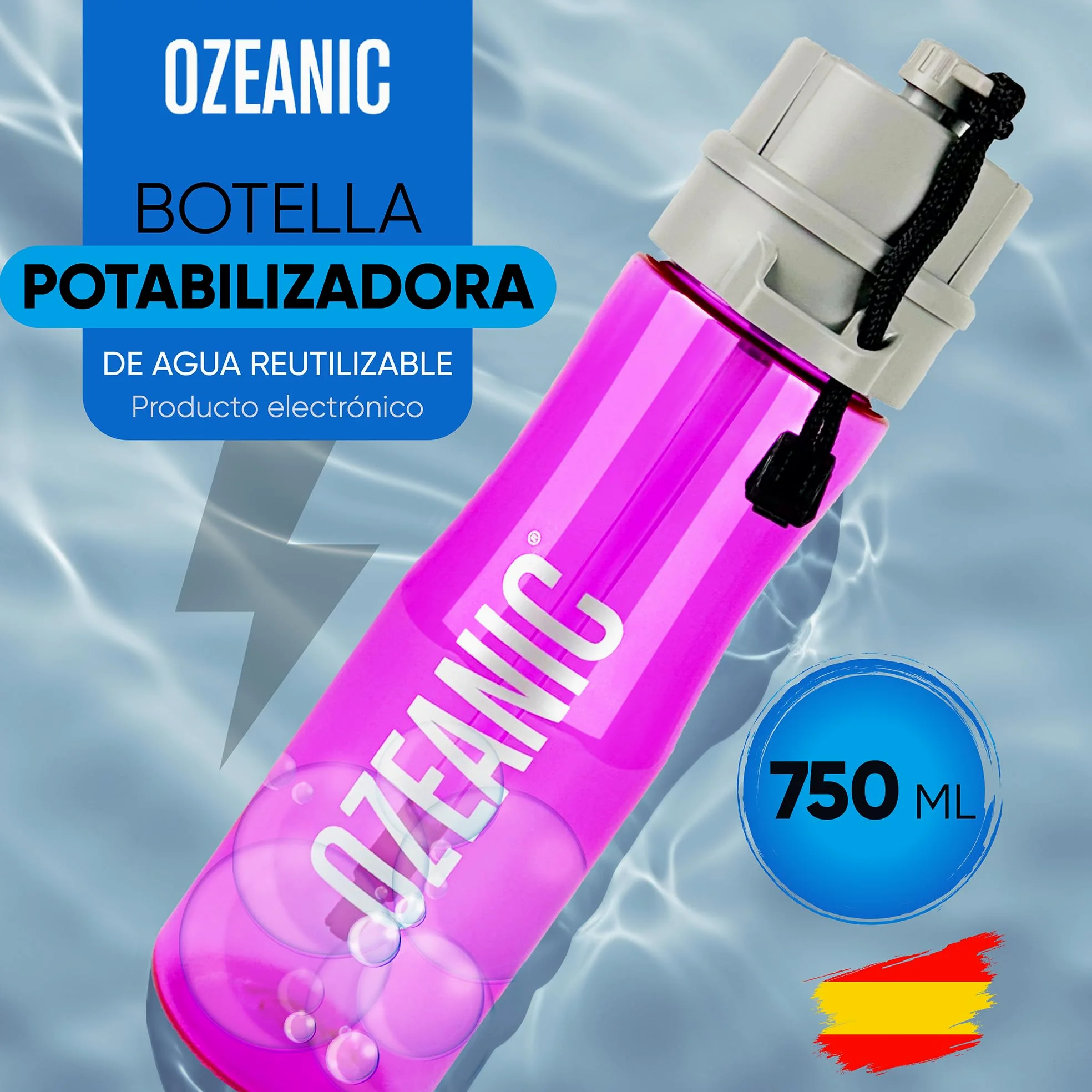 EcoBottle 2.0 750 ml Rosa – Botella Purificadora de Agua Reutilizable | Ozonizador de agua portátil | Elimina virus y bacterias | Sin filtros