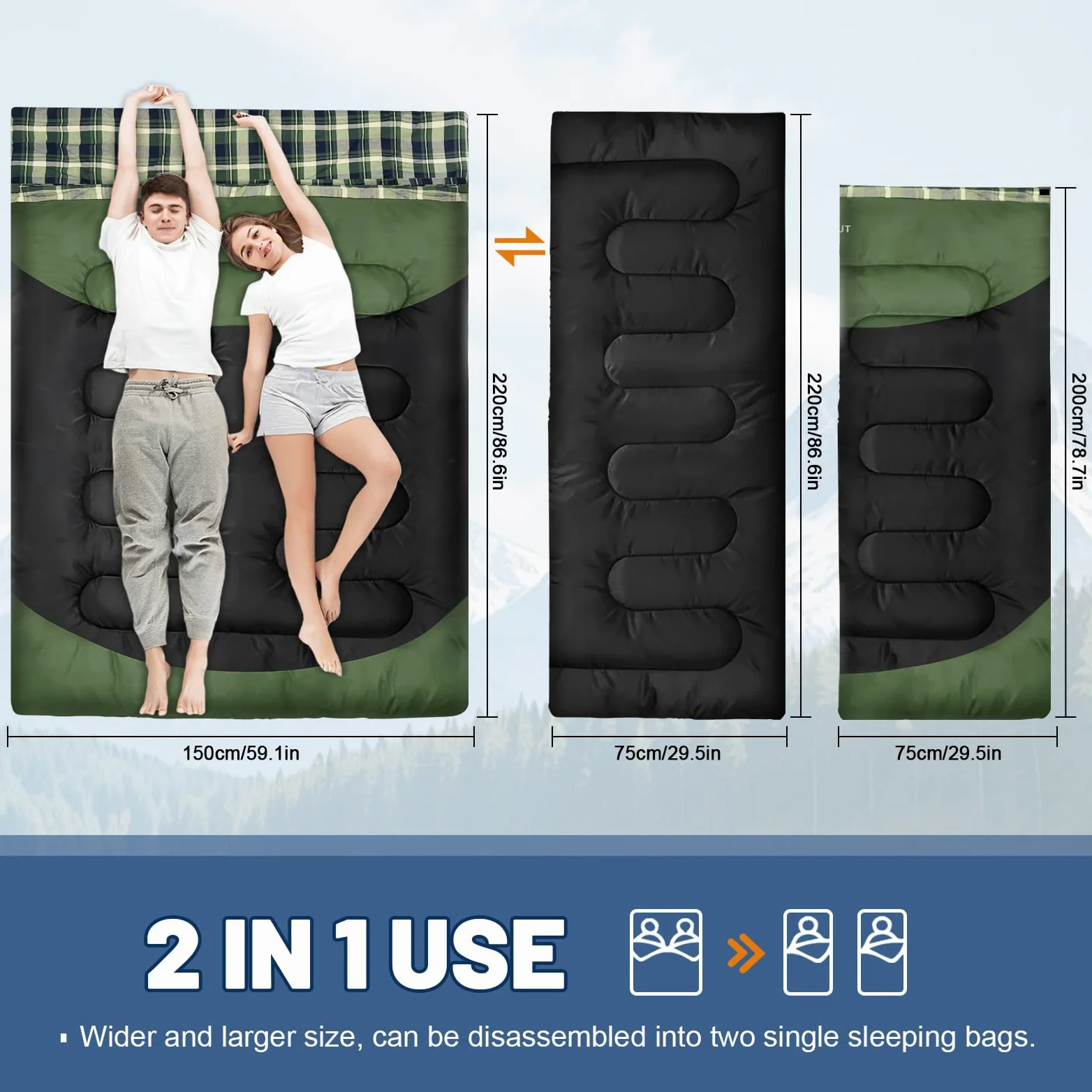 Saco de Dormir Doble de Franela de algodón 220 x 150 cm para Adultos 3-4 Estaciones Saco de Dormir Doble para Exteriores Mantente Caliente Impermeable para Camping Senderismo o Senderismo