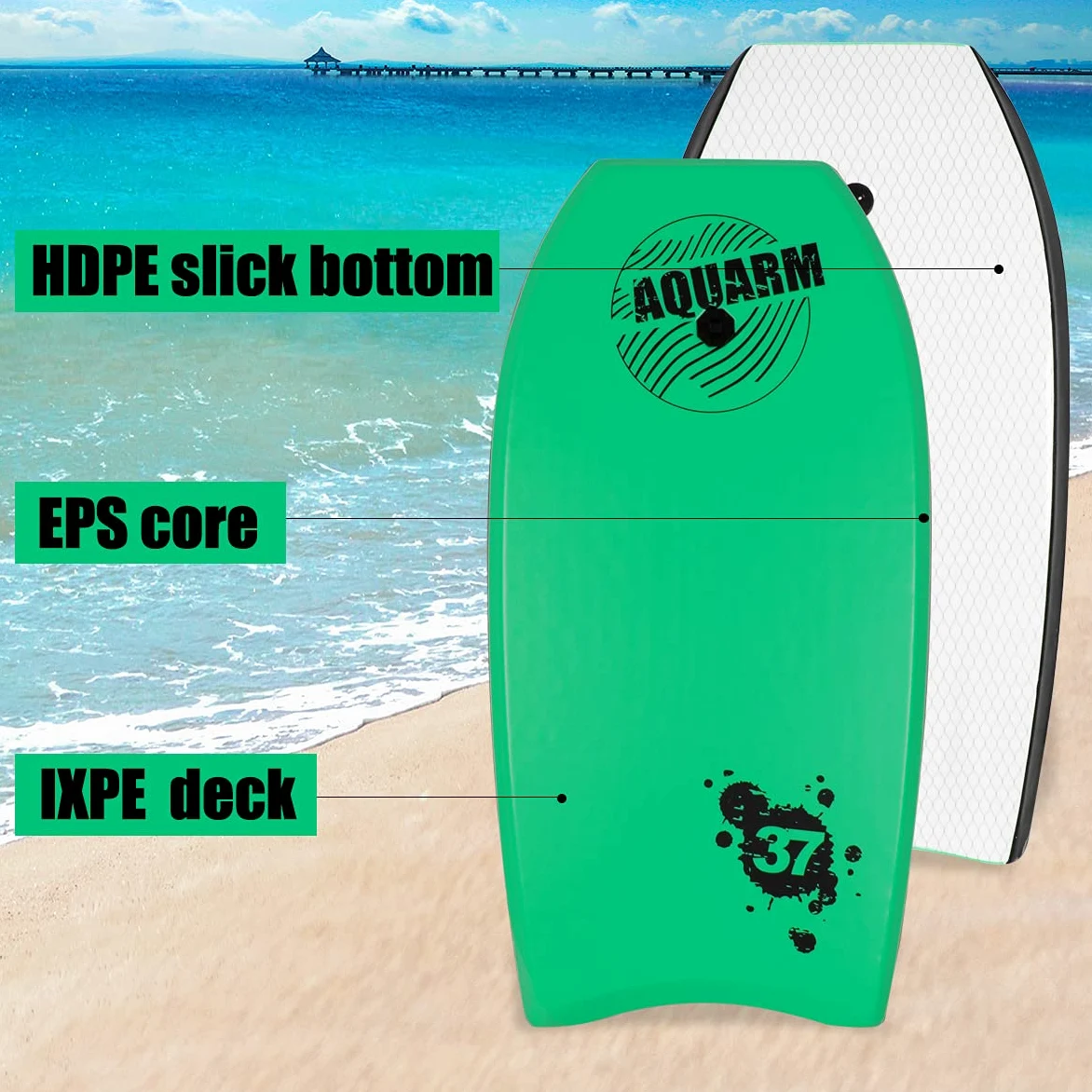 Tabla de bodyboard con correa de muñeca, 33"/37"/42" ligera con núcleo EPS y superficie inferior lisa de alta velocidad, perfecta para practicar surf para niños, adolescentes y adultos (verde)