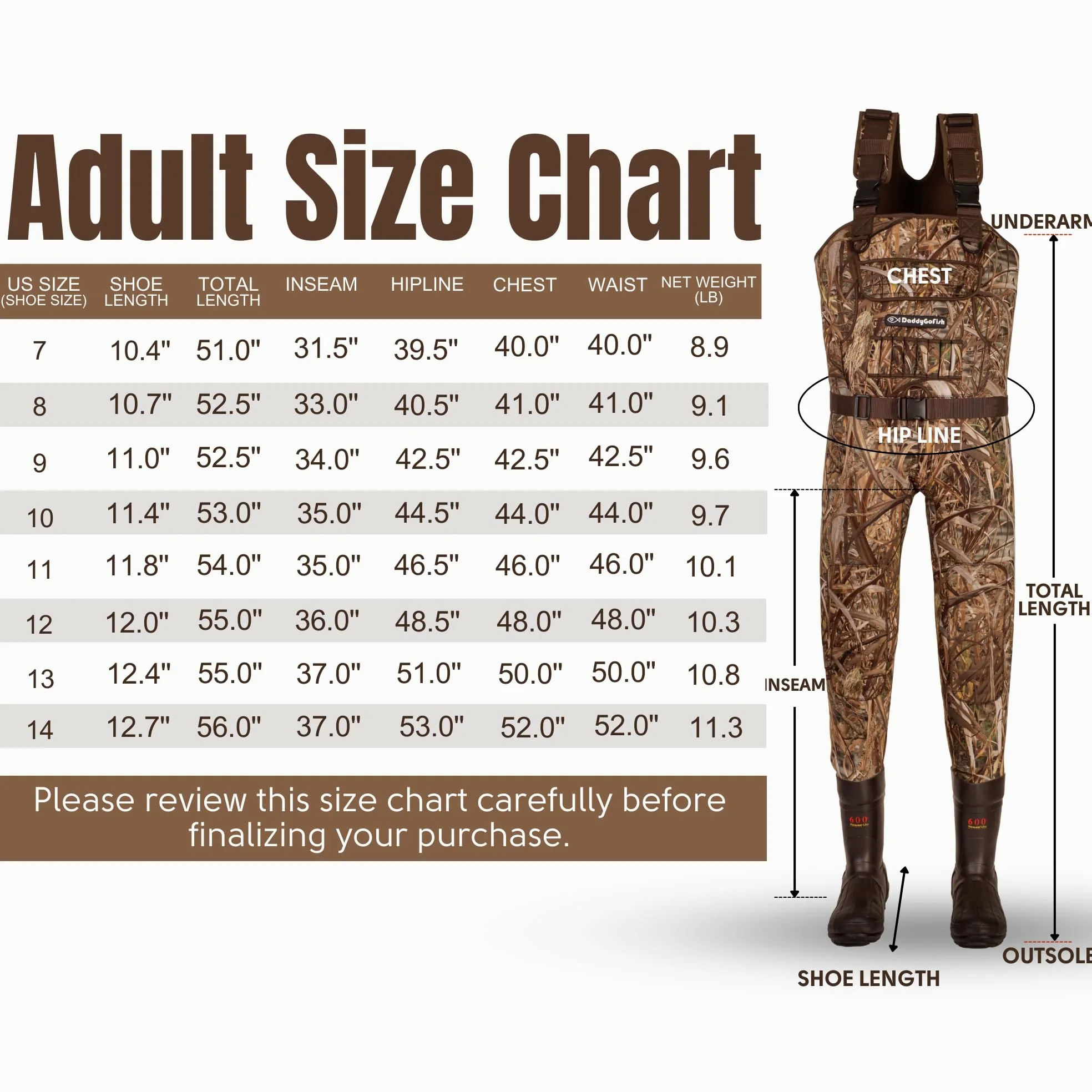 DaddyGoFish Vadeadores De Pecho De Neopreno para Niños Y Adultos, Bootfoot, Pesca Y Caza con Gorras De Camuflaje Y Colgador De Vadeador