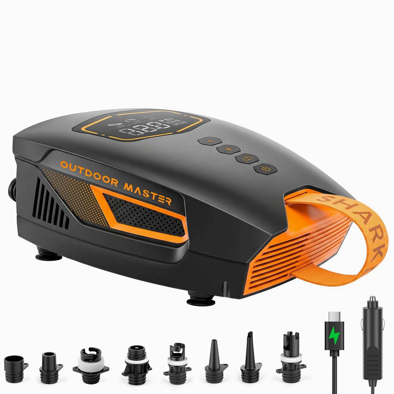 OutdoorMaster Shark 3 Mini 74Wh Bomba Eléctrica Sup Portátil, Inflado Rápido 5'30", Bomba Paddle Recargable, Auto-Apagado y Desinflado, 20 PSI, 12V/15,8V DC y USB-C, 8 Boquillas
