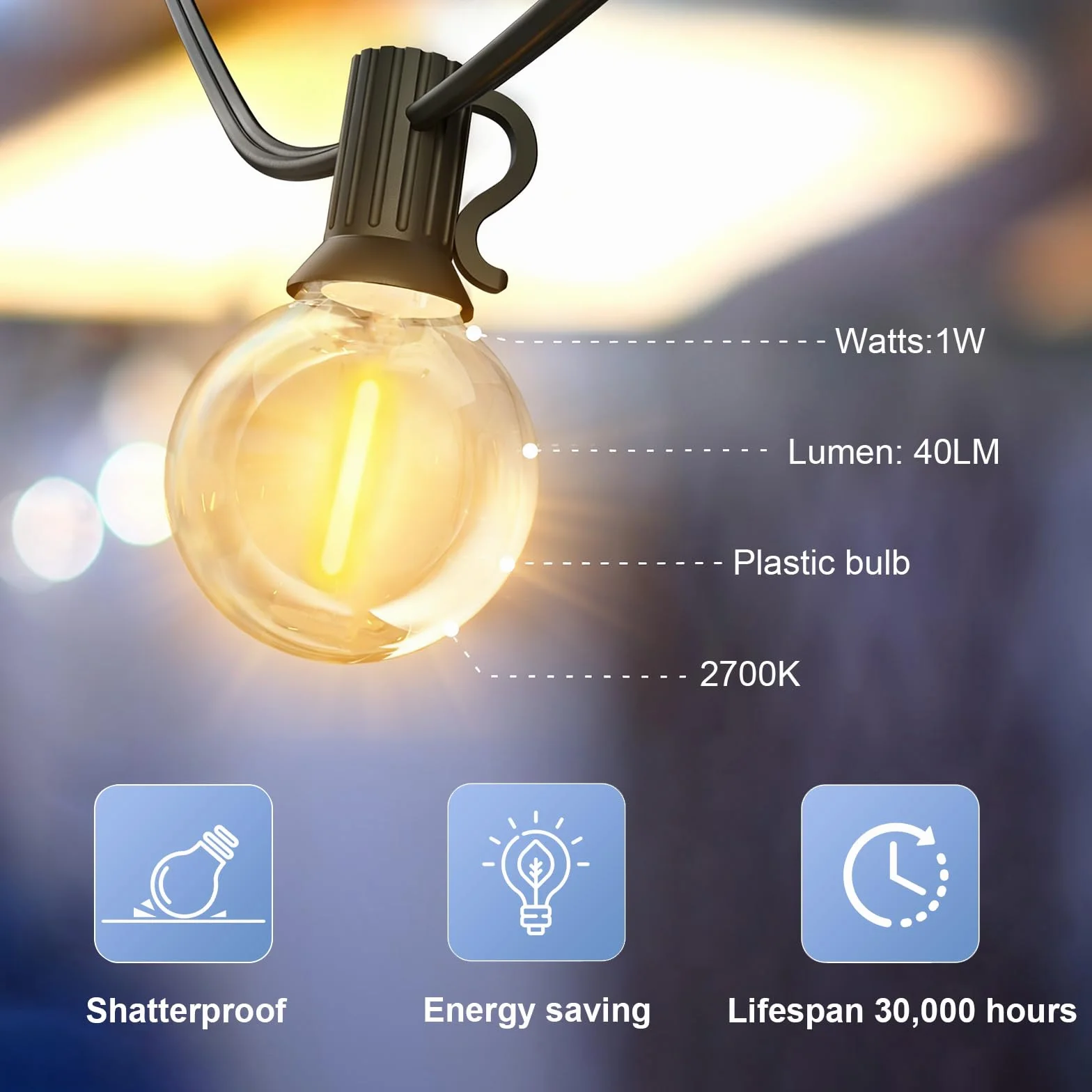 GLUROO 30M Guirnaldas Luminosas LED Exterior G40 Impermeable 50+2 Bombillas Plástico