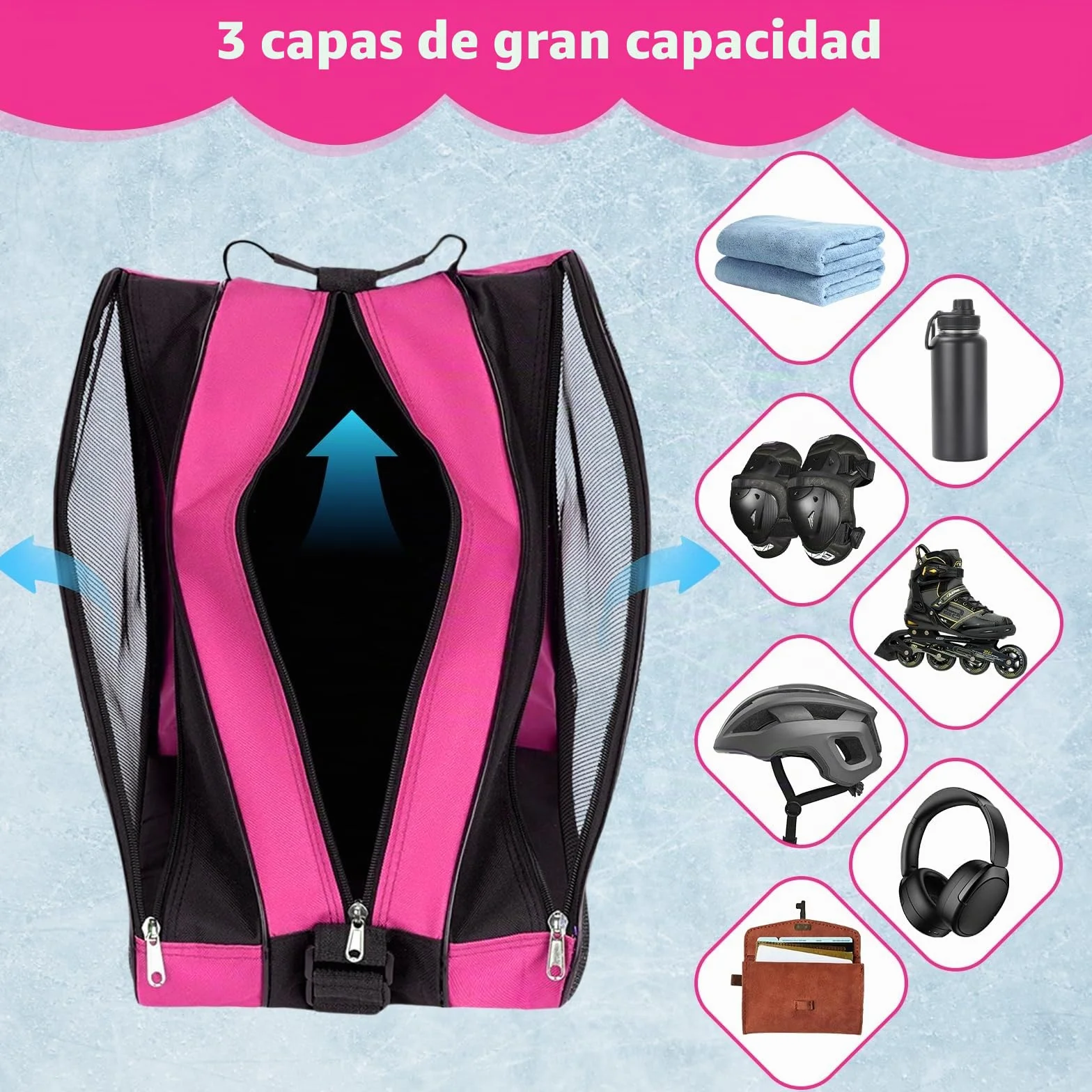 TOSAVGA Mochila para Patines en Linea Bolsa Patines Niña, Bolsa para Patines de Ruedas, Mochila Patines Bolsa Linea Guardar Patnes con 3 Compartimentos para Patines de Hielo y a Rueda