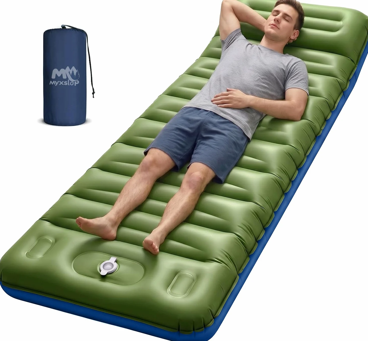 Myxslop Colchoneta de dormir para camping, gruesa de 5 pulgadas con almohada incorporada, bomba de pie integrada, almohadillas inflables ultraligeras para acampar, mochileros, senderismo, tienda de