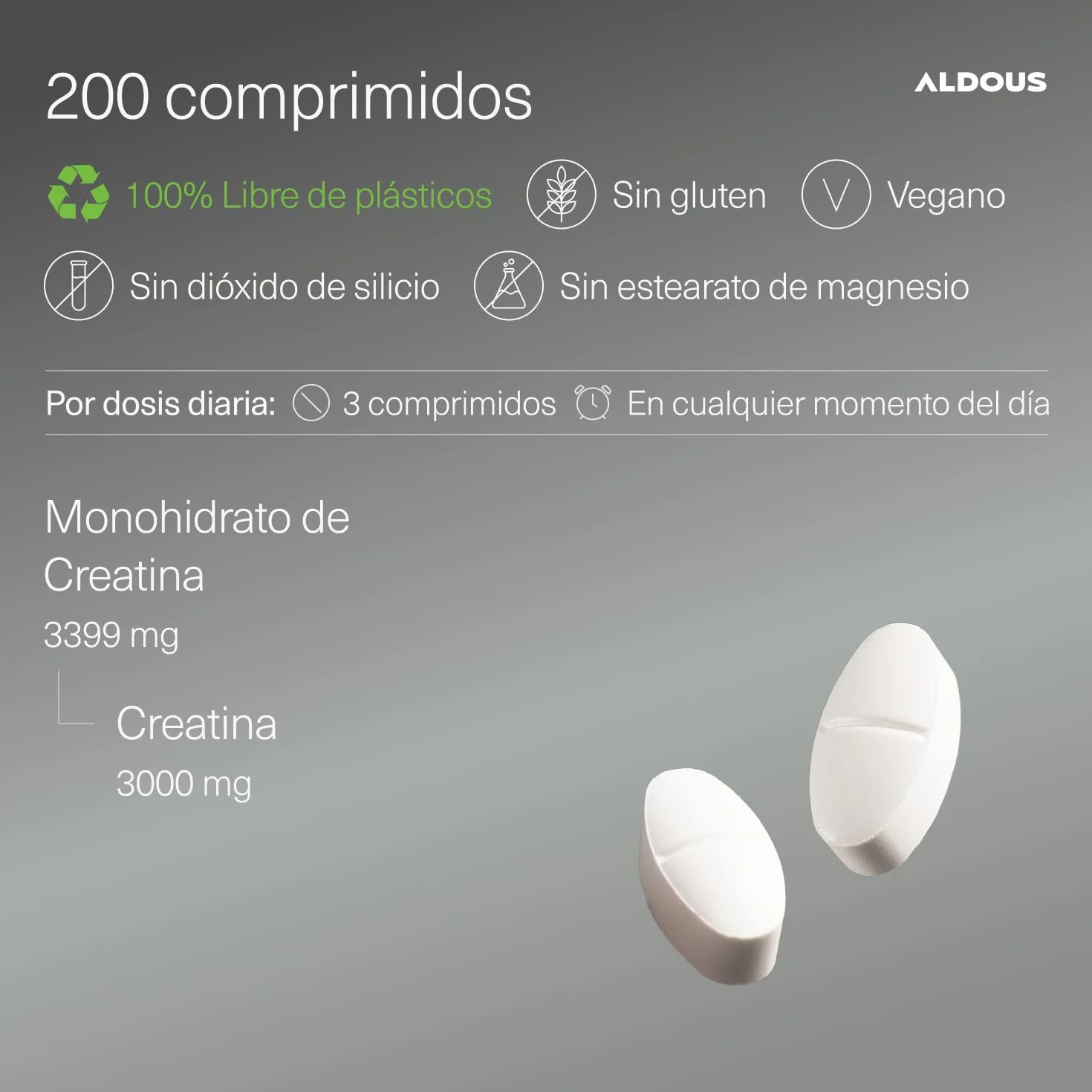 Creatina Monohidratada 3000mg 200 Comprimidos Fáciles de Partir Recuperador Muscular Suplemento Deportivo ALDOUS