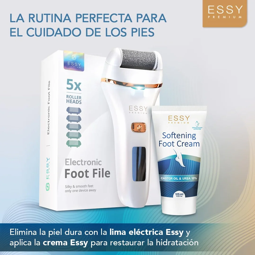 Lima Eléctrica para Pies con 5 Rodillos de Repuesto – Removedor de Callos Recargable, 2 Velocidades, Pantalla LED, Carga USB, Kit de Pedicura Blanco
