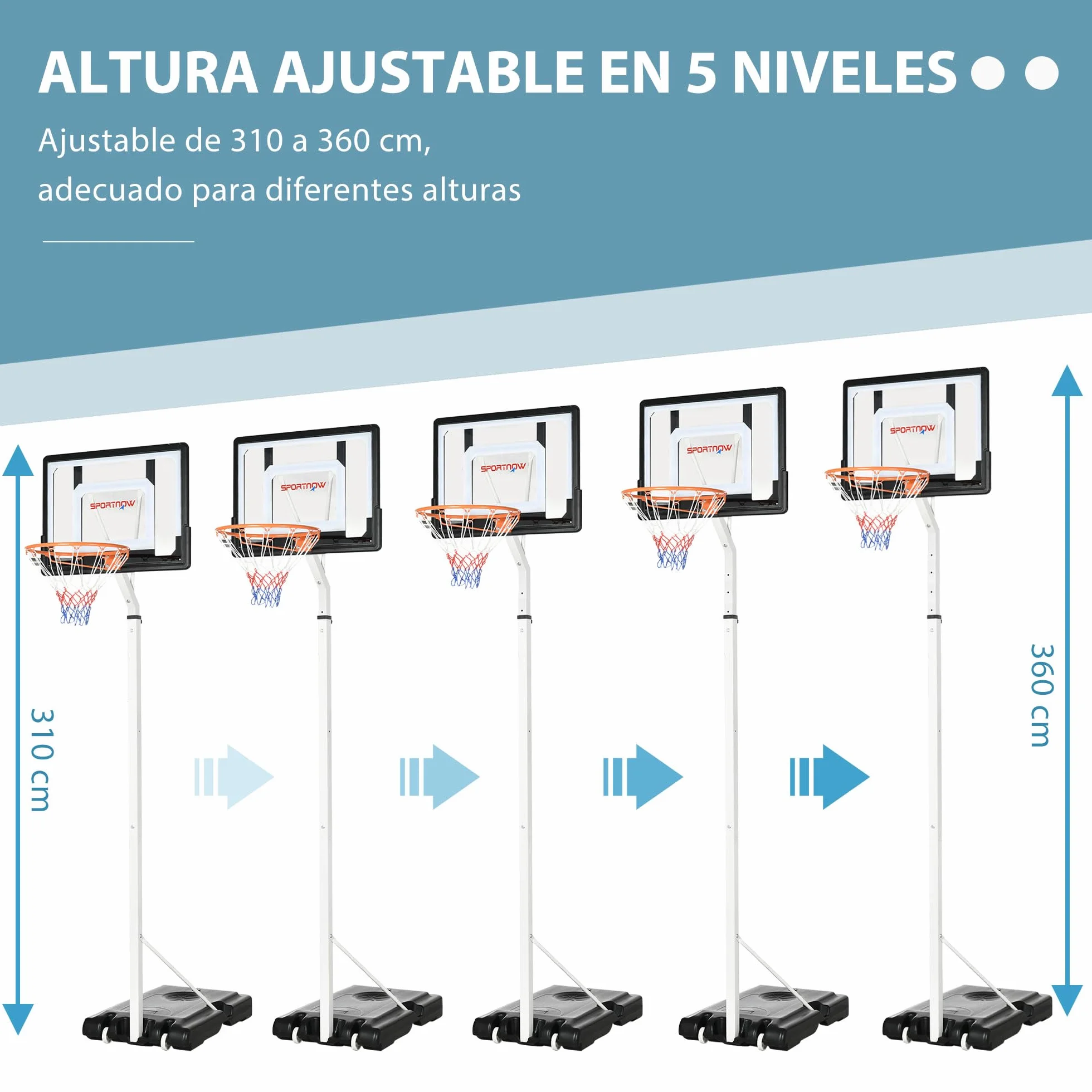 SPORTNOW Canasta de Baloncesto con Ruedas Altura Ajustable 245-305 cm Aro Portátil Tablero PVC Base Rellenable Exteriores 90x83x310-360 cm Blanco