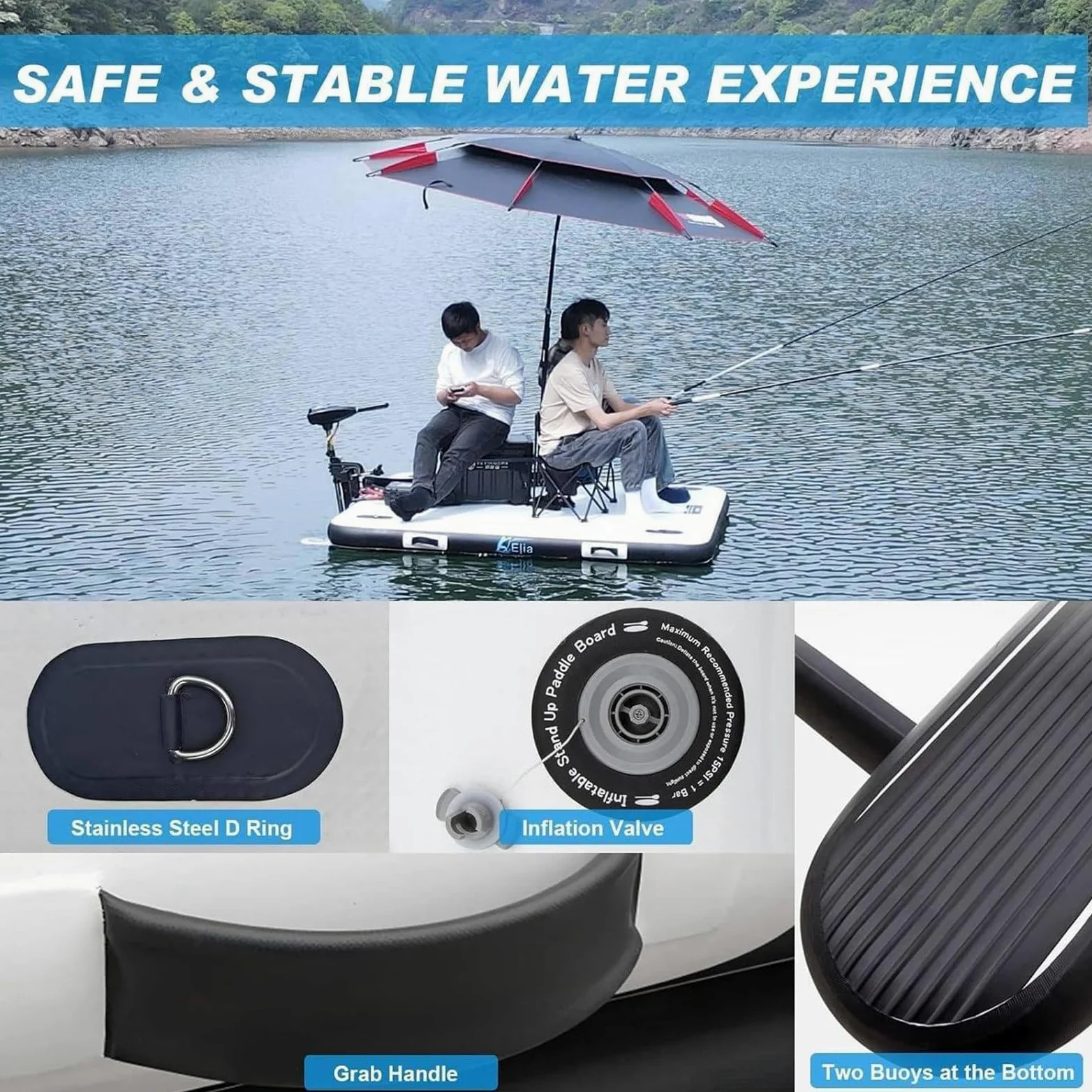 Plataforma Pesca Inflable y Plegable 2 m, con Paredes reforzadas 30 cm y Capacidad 200 kg (440 LB); Plataforma Flotante para Lagos, Ampliable con Soporte para Motor, Kit Completo.