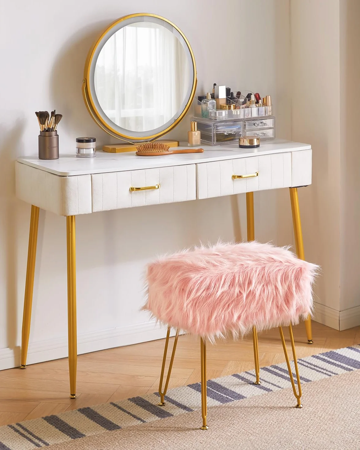 IBUYKE Rectangular Faux Fur Vanity Stool with Storage, Makeup Chair Ottoman, Soft Padded Seat, Round Footrest, Metal Legs, Pink