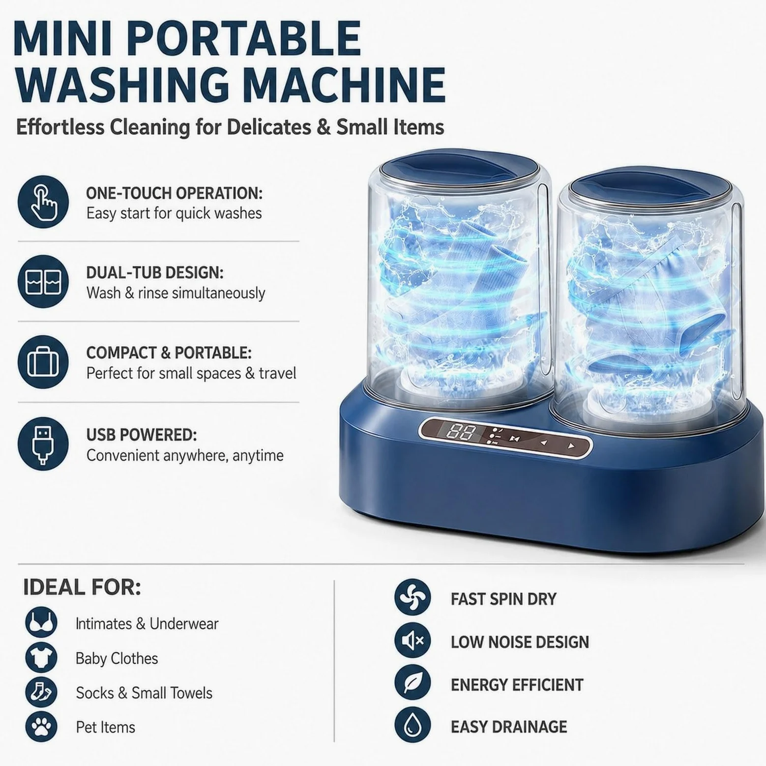 Lavadora Portátil de Ropa Interior, Práctica Minilavadora para Una Limpieza, Ideal para Camping, Hoteles, Residencias de Estudiantes Y Autocar, Azul, Individual