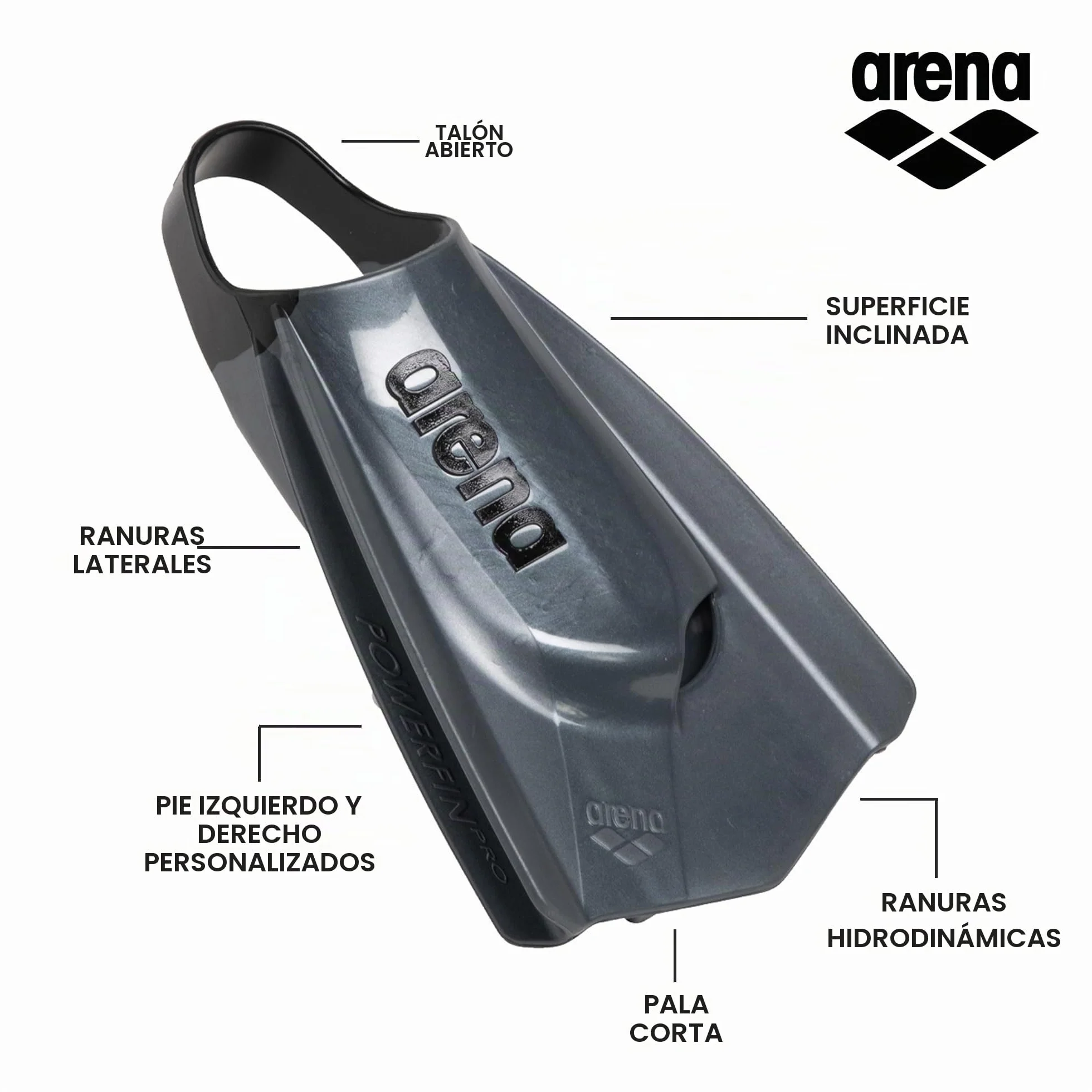 Arena Powerfin Pro II - Aletas de Entrenamiento de natación Unisex para Adultos y Hombres y Mujeres, Aletas de Hoja Corta de Silicona, Personalizables a la Izquierda/Derecha