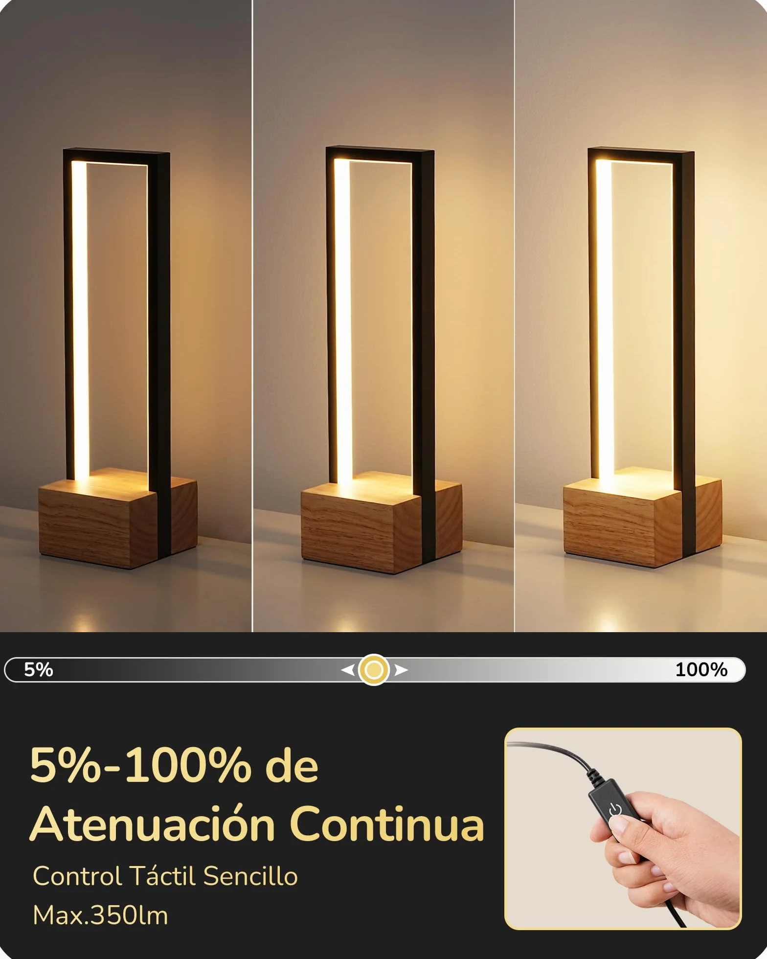 EDISHINE Lámpara de Mesa LED Regulable, 3 Temperaturas de Color 3000K-6000K, Táctil, Aluminio Negro y Madera