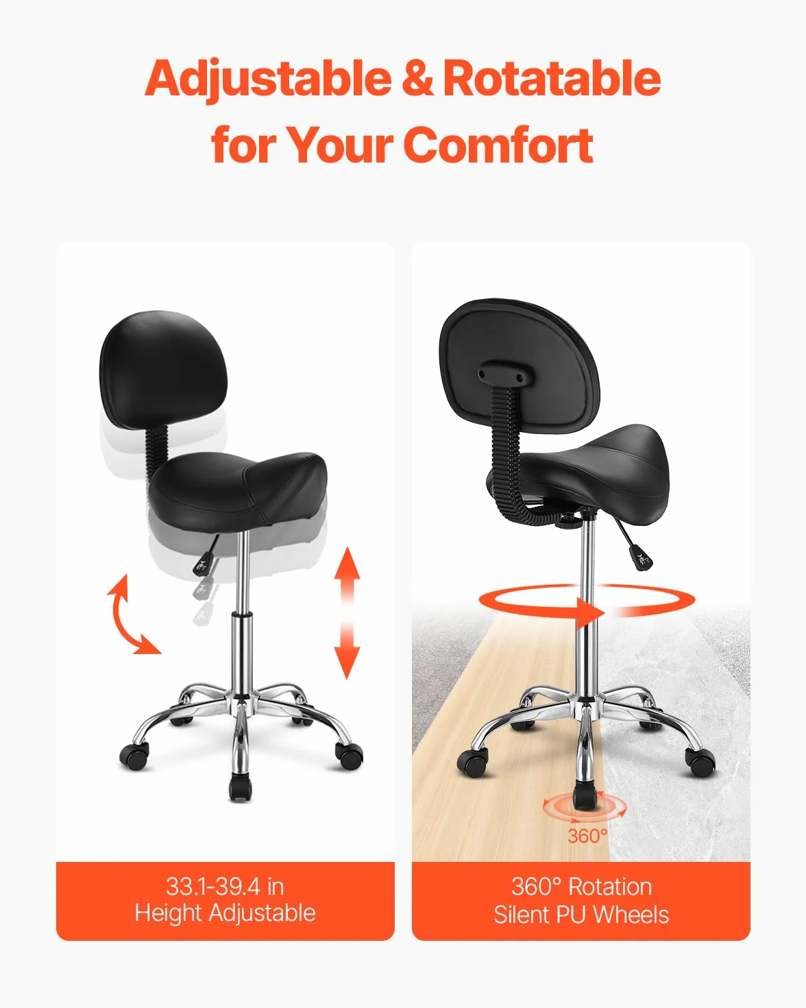 VEVOR Taburete Giratorio Altura Ajustable 84-100cm Carga 204kg, Silla de Montar Ergonómica Cuero PU Negro