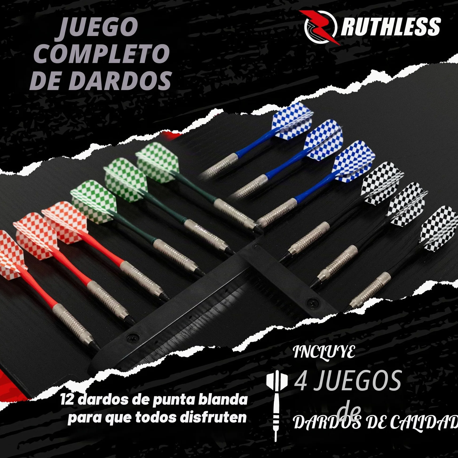 Ruthless - Tablero de dardos electrónico Ruthless R500 en gabinete - Punta blanda - incluye 4 juegos de dardos - para 8 jugadores - 27 juegos