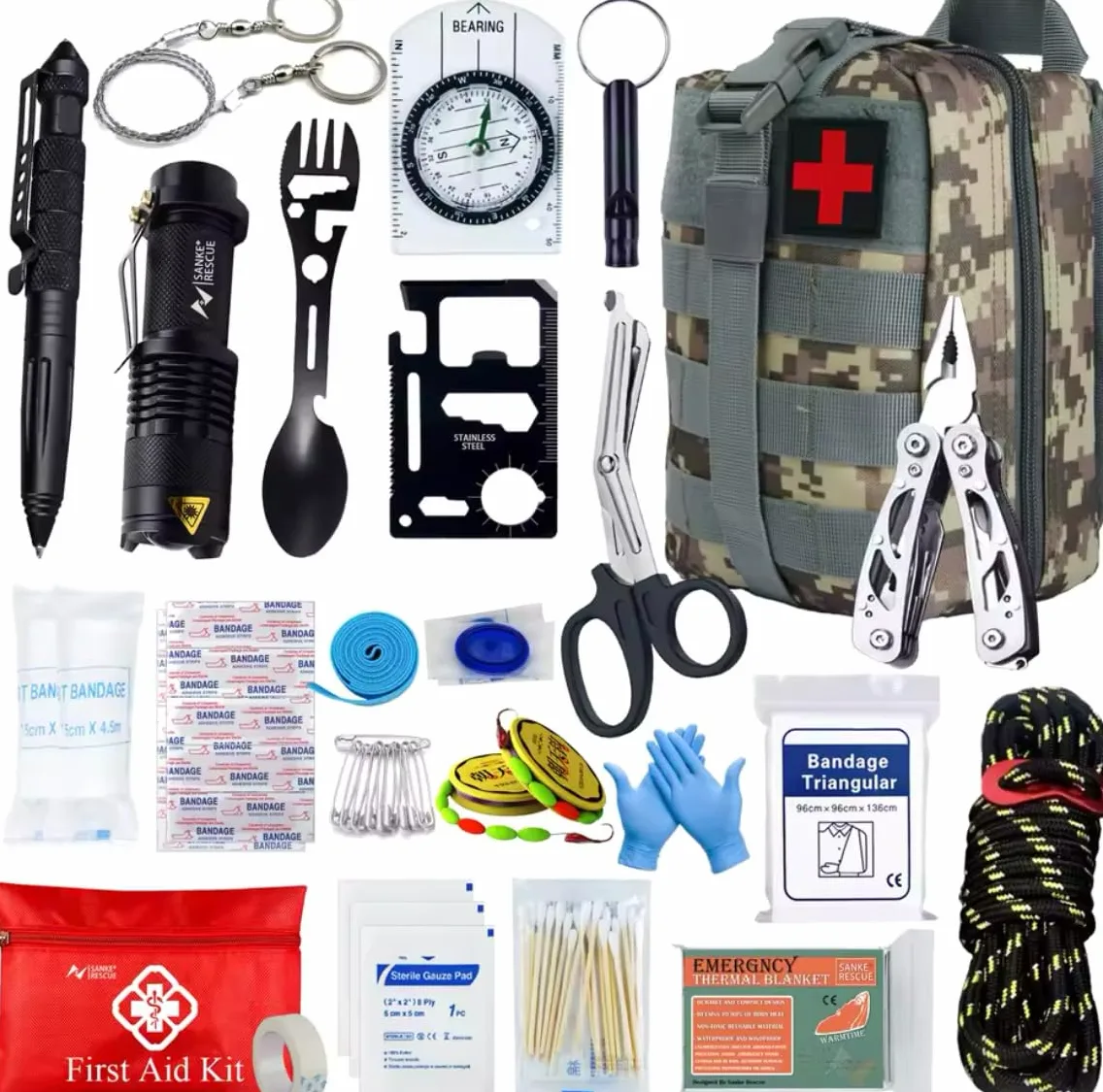 Kit Supervivencia UE 2025 Botiquines Primeros Auxilios Equipo Completo de Supervivencia 72h Kit de Emergencia para Viajar Caminar Acampar al Aire Montaña (Militar 2)