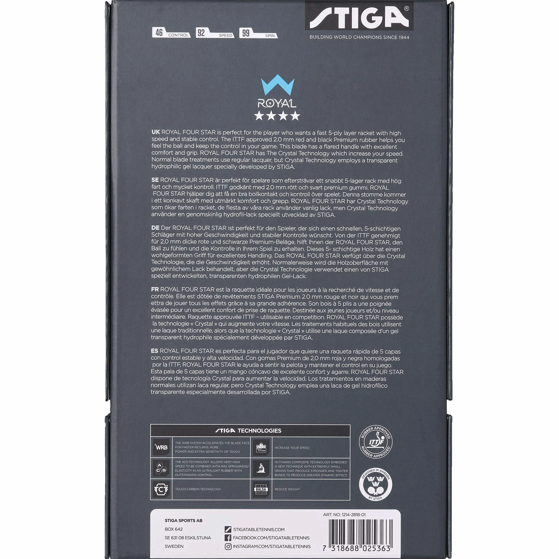 STIGA Royal WRB Table Tennis Racket - 3-Star ITTF Approved, Offensive Paddle with WRB System, 5-Ply Blade, 2.0mm Sponge, Enhanced Speed, Control, and Spin for Skill Development and Game Improvement