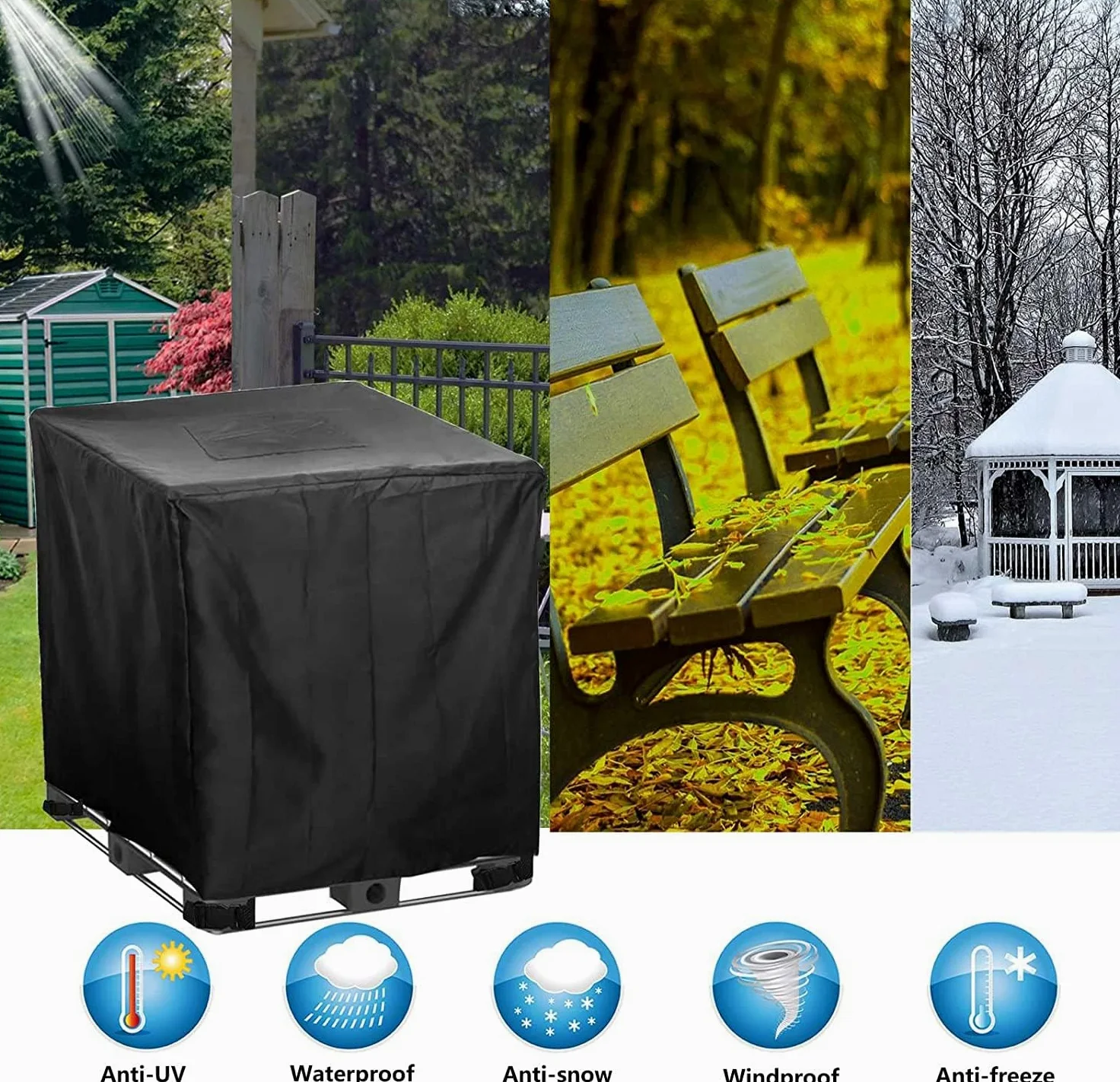 IBC - Cubierta de tanque impermeable 420D Oxford tela para depósito de agua de lluvia para tanques IBC de 300 L, 600 L, 800 L, 1000 L, dimensiones: 120 x 80 x 116 cm