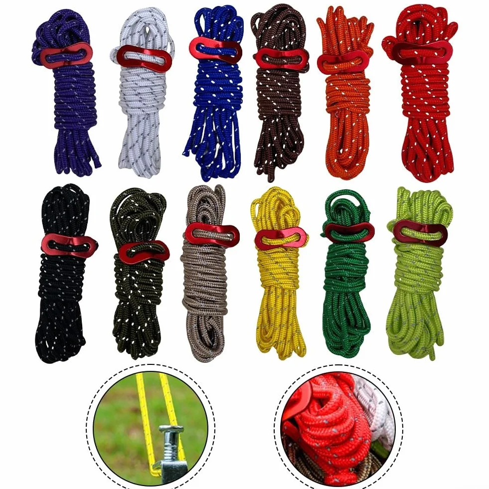 Cuerda de camping ajustable de 4 mm por 4 m con hebilla de viento de aluminio reflectante para asegurar tienda de campaña y lona fiable en entornos al aire libre (verde militar)