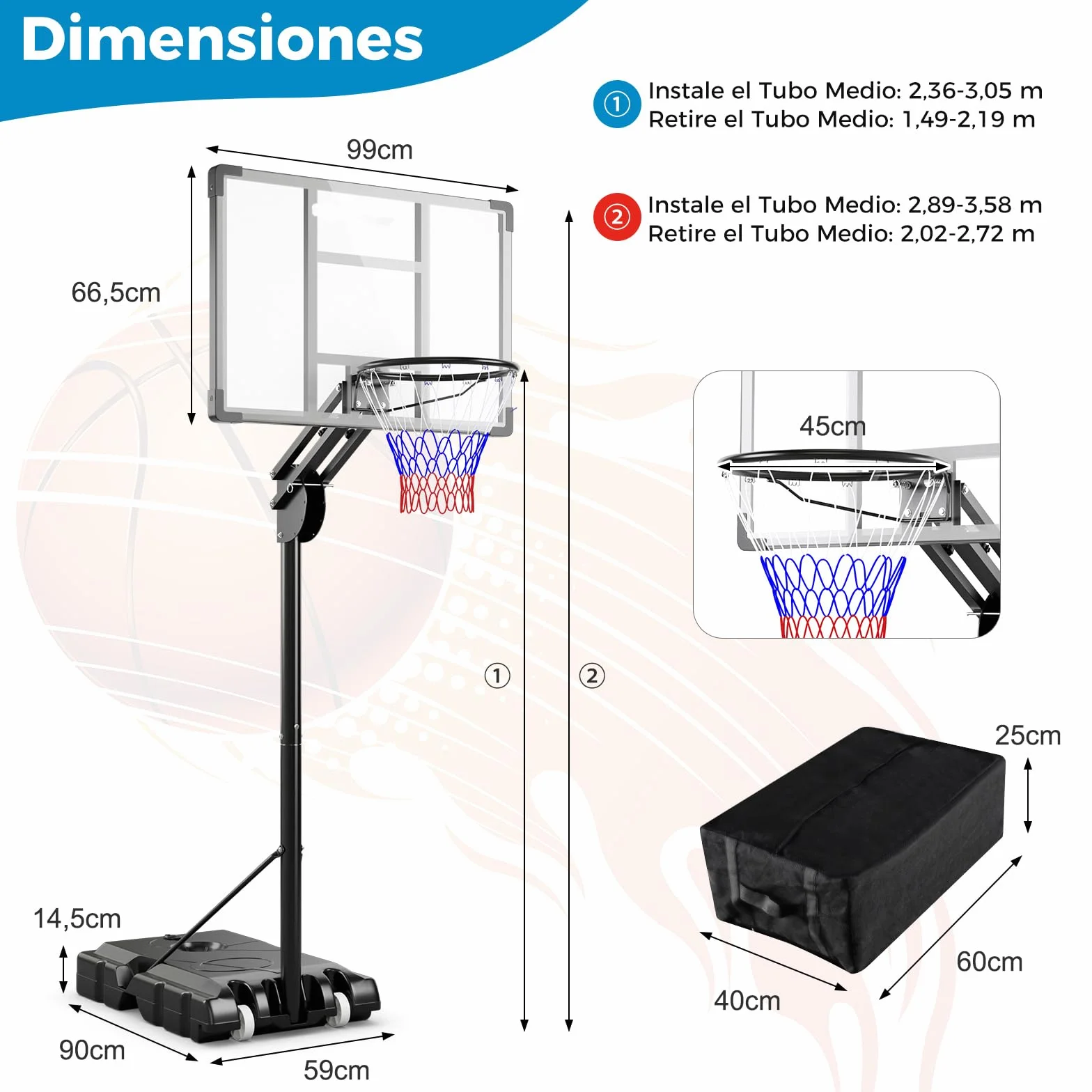 COSTWAY Canasta de Baloncesto Altura Ajustable 10 Niveles 1,49-3,05 M Exterior Interior 2 Ruedas Base Rellenable