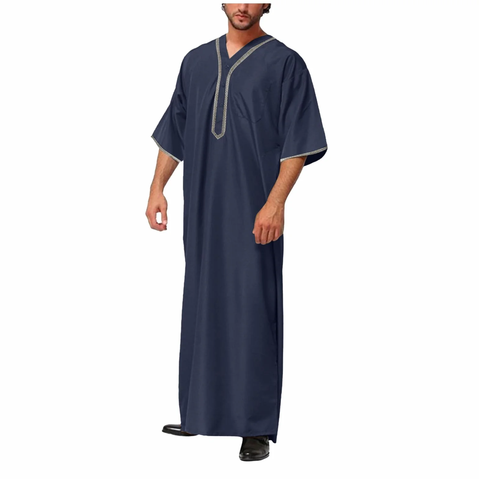 Caftán Hombre Algodón Lino Verano Jilbab Cuello en V Abaya Musulmán Árabe Islámico Ropa Ramadán