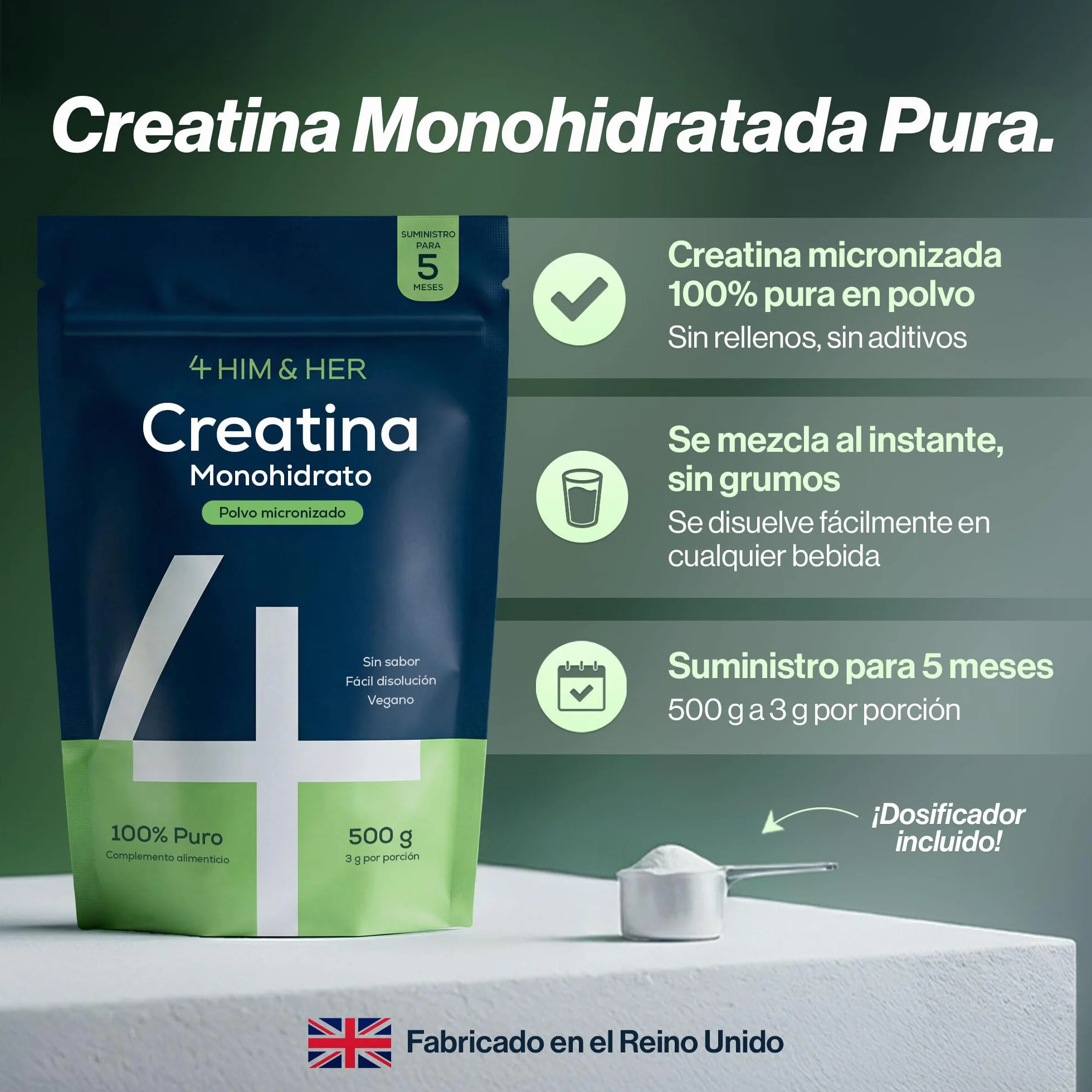 Creatina Monohidratada Polvo 500g, 5 Meses, 100% Pura, Sin Sabor, Micronizada 200 Mesh, Soluble, 147 Porciones, Vegana, Sin Gluten