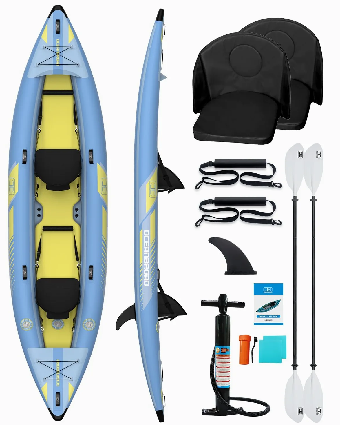 OCEANBROAD Kayak inflable sentado con remo, asiento de kayak, pedal, bomba de mano y bolsa, 1 persona/2 personas, azul/azul cielo