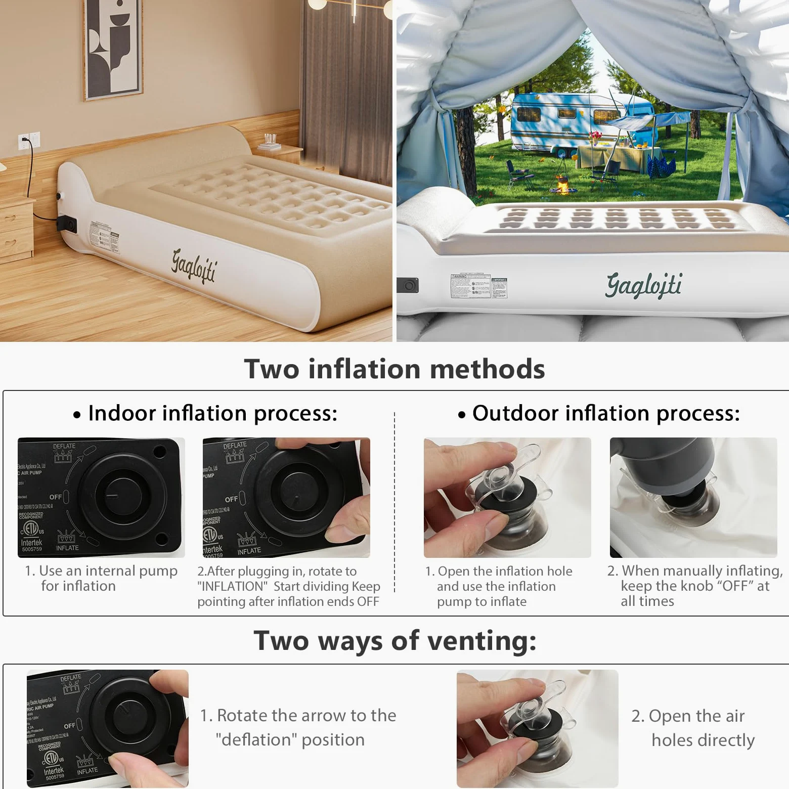 Colchón de aire de 16 pulgadas con bomba integrada, funciones de inflado y desinflado, colchón inflable con bolsa de transporte para invitados, viajes, camping y hogar, 650 libras máximo