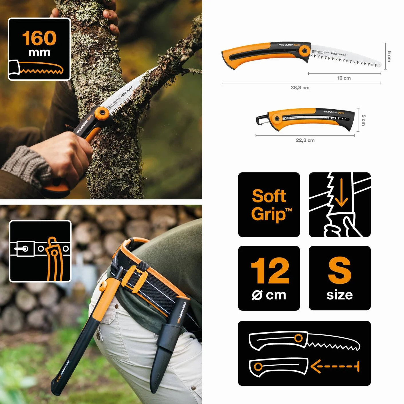 Fiskars Set de Camping, Hacha de recreo X5-XXS, 23 cm, Sierra de Mano Xtract SW73, Retráctil, 35 cm, Cuchillo Multifuncional con funda e integrador afilador de cuchillos, 21,5 cm, 1057912.