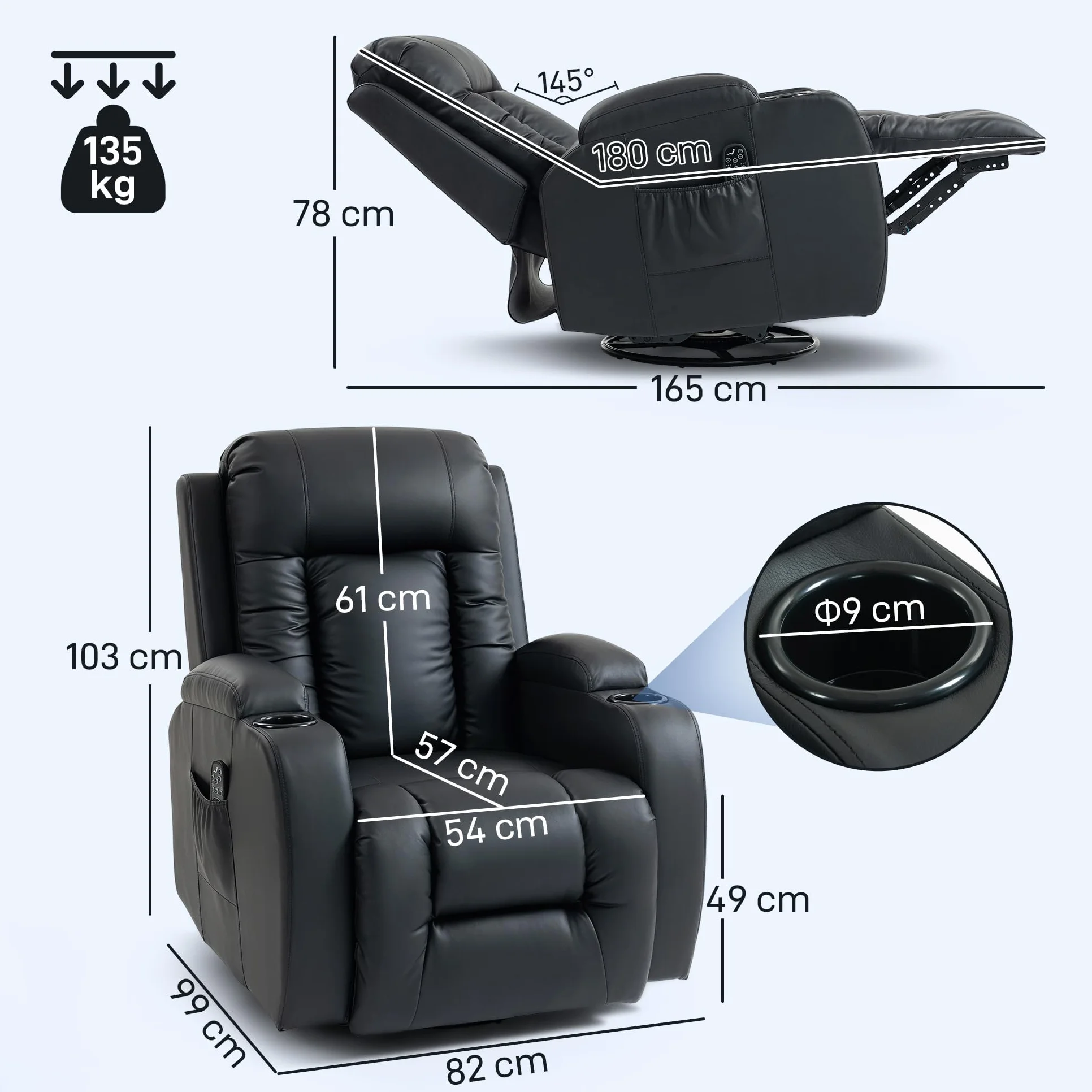 HOMCOM Sillón de Masaje Giratorio 8 Puntos Masaje Vibrante Reclinable Calefacción Lumbar Mando a Distancia 85x94x104 cm Negro