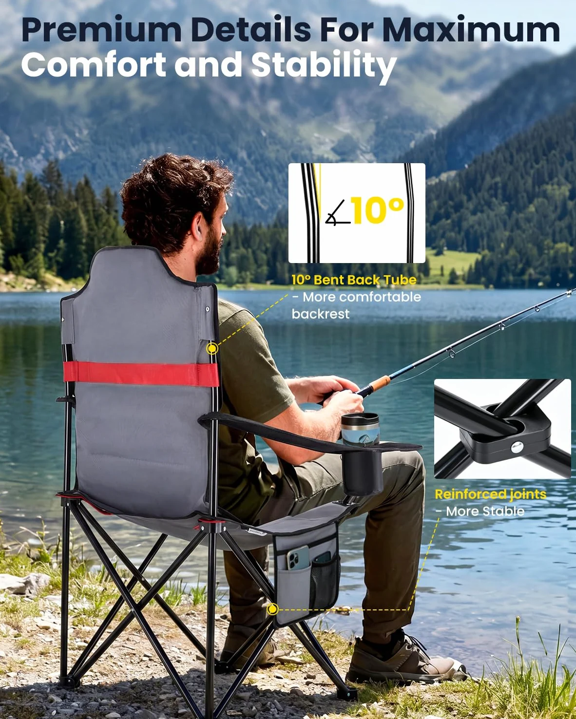YEAUPE PRO Silla de Camping Plegable y Acolchada,Respaldo Alto,hasta 150 kg | Sillas de Pesca Extra Cómoda, con Bolsa Térmica, Portavasos y Bolsa de Transporte, para Camping, Playa, Festivales