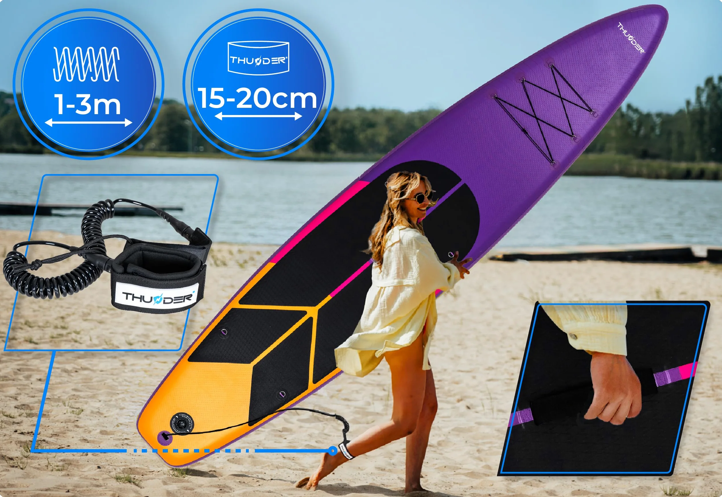 THUNDER Tabla de Sup Inflable 365 cm con Asiento de Kayak – Set de Stand Up Paddle con Bomba, Remo y Mochila – Touring Sup para Adultos y Principiantes hasta 150 kg