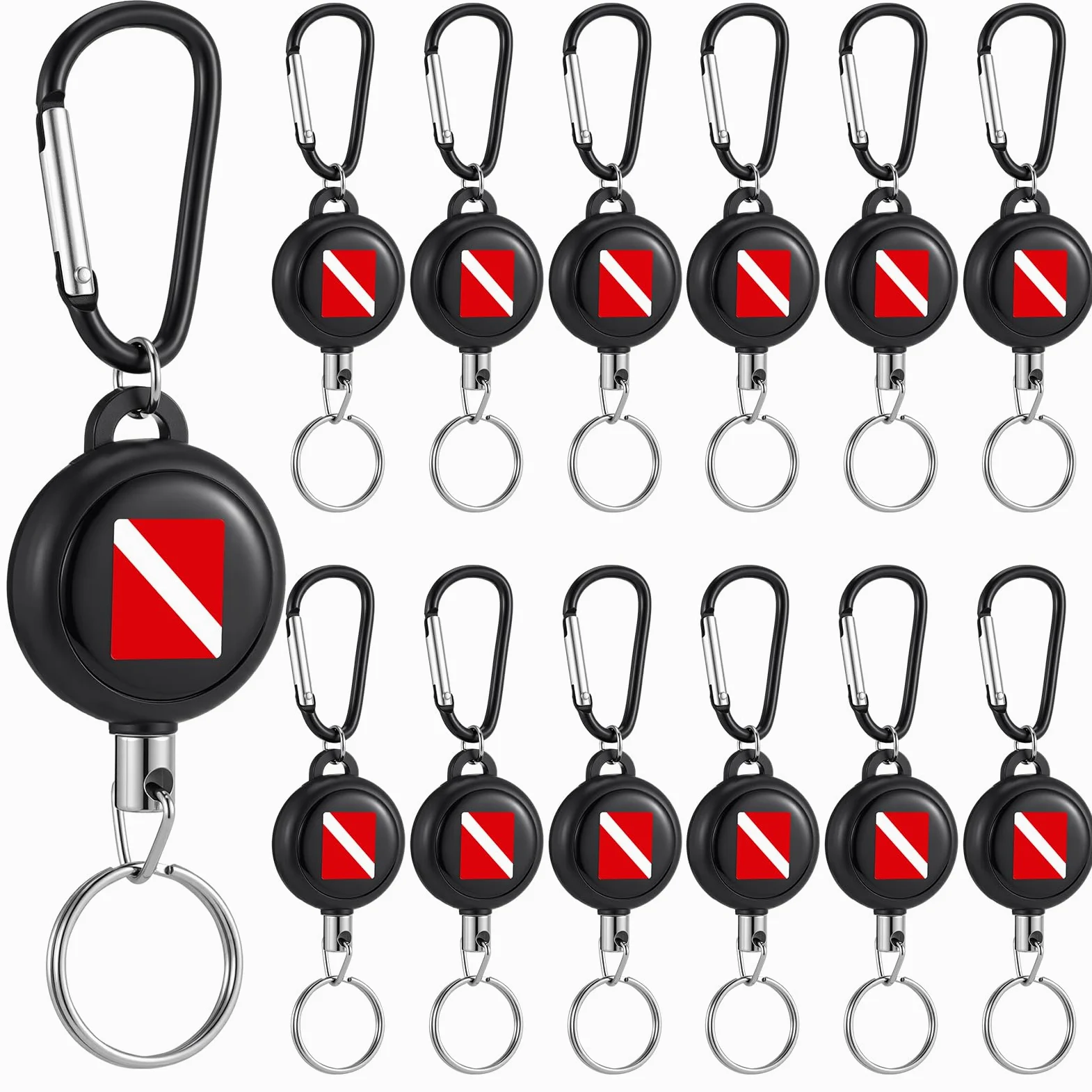Liliaafar 12 clips retráctiles para equipo de buceo, llavero de acero inoxidable resistente con cable de extensión de liberación rápida de 61 cm para medidores de buceo, pesca submarina, linternas de