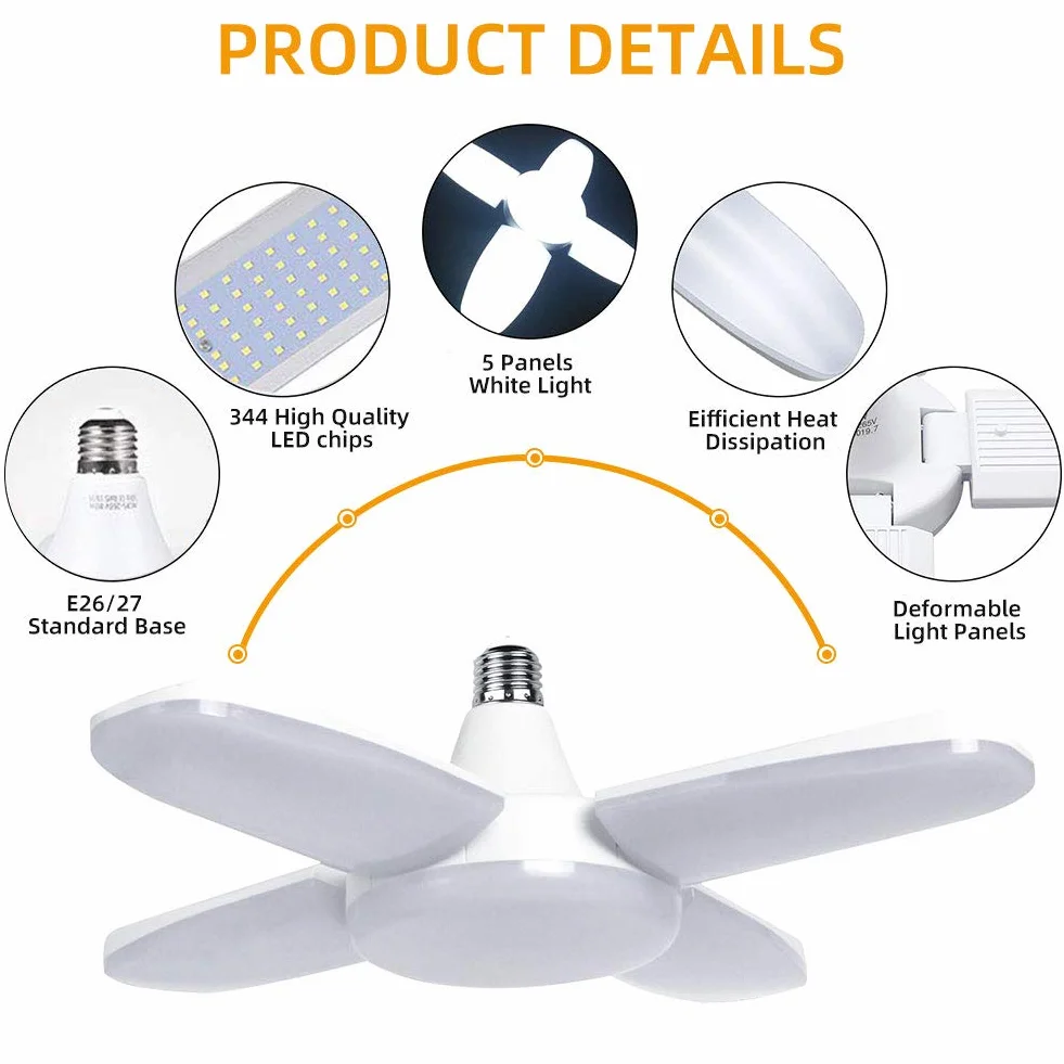Lámpara de Techo LED 80W 8000LM E27 4 Paneles Ajustables Blanco Frío para Garaje Taller