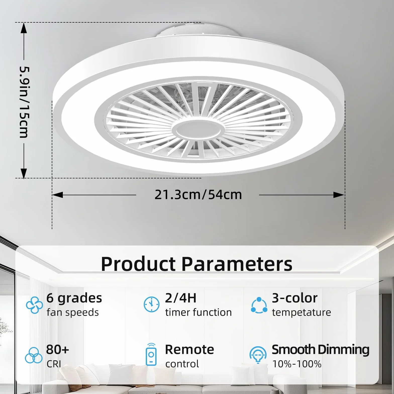 Ventilador de Techo con Luz LED Dimmable Ø54CM, Control Remoto 3000K-6500K, 6 Velocidades, Temporizador