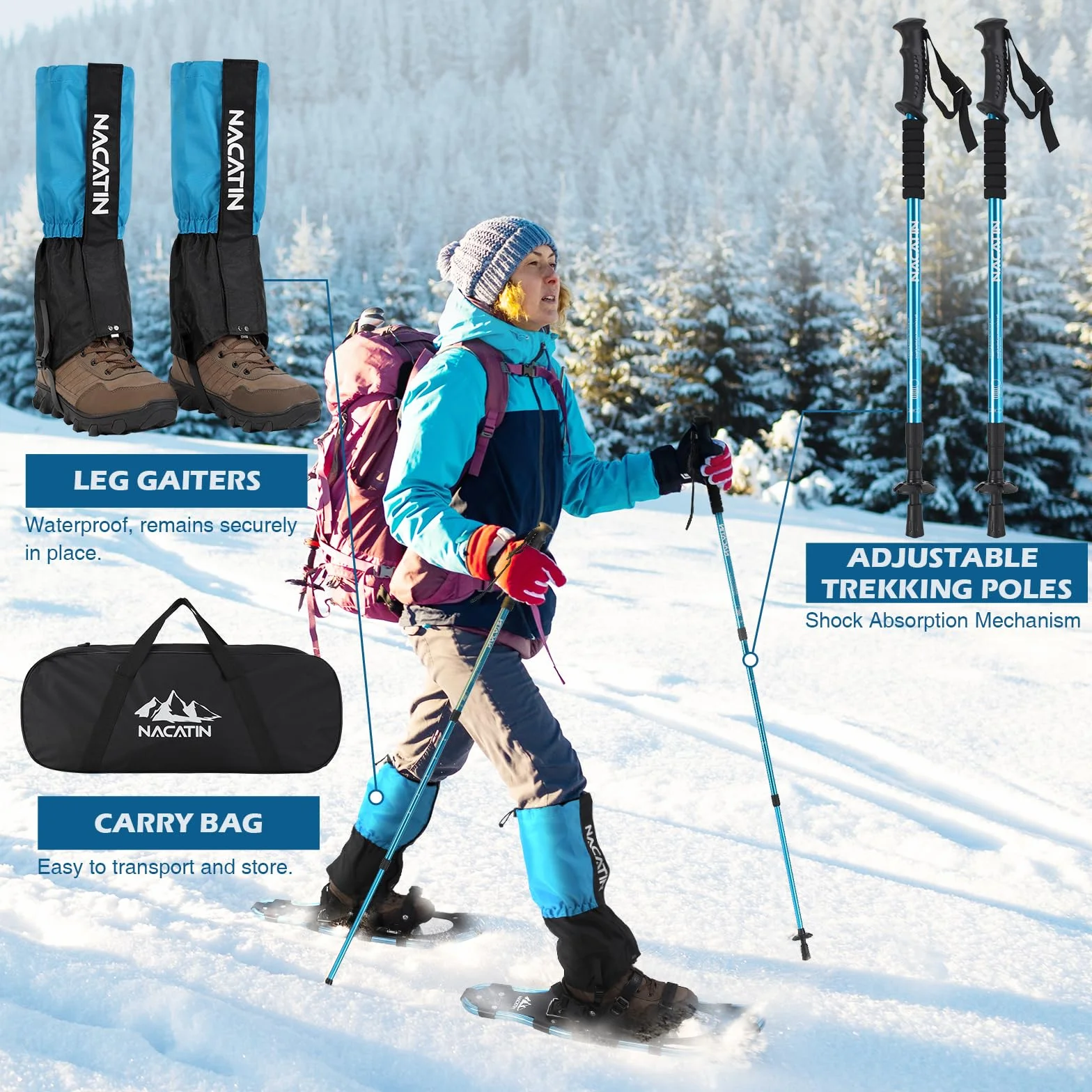 Kit de Raquetas de Nieve 4 en 1, Aluminio Ligeras, Bastones Ajustables, Polainas Impermeables, Bolsa Transporte (Azul, 53cm)