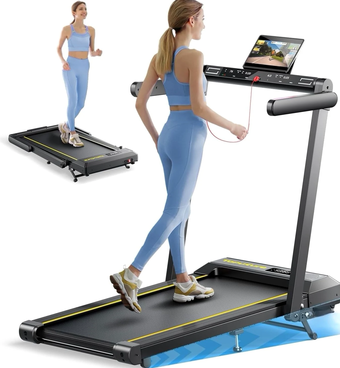 Cinta de Correr Plegable, 6 en 1 Cinta de Correr con Frecuencia Cardíaca | 1%-6%-12% Inclinación, 16KM/H, Dual Pantalla, Bocina Bluetooth, App, Cinta de Andar para Hogar/Oficina