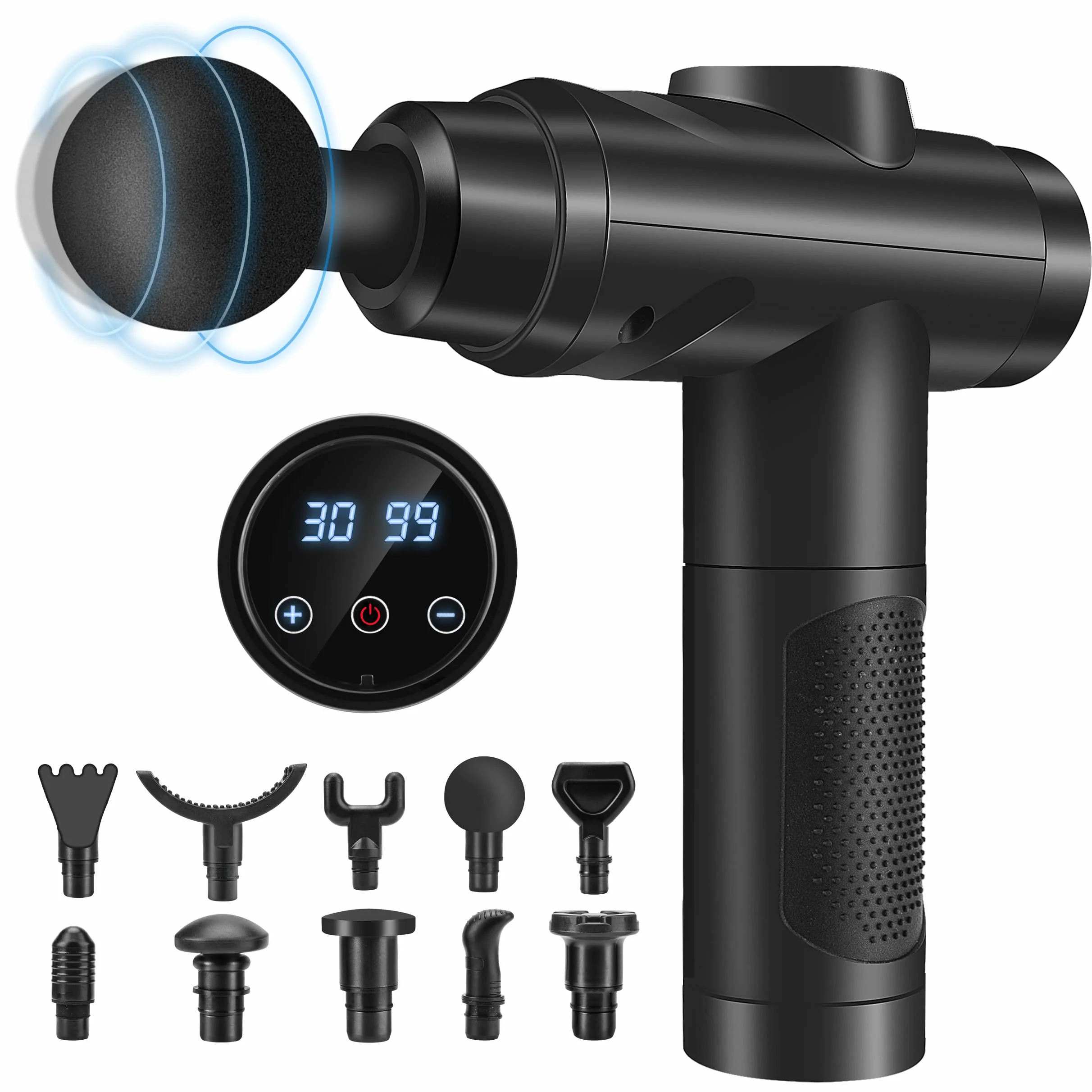 Pistola de Masaje Muscular Profesional con 30 Velocidades, Pantalla Táctil LCD, 10 Cabezales, Negro