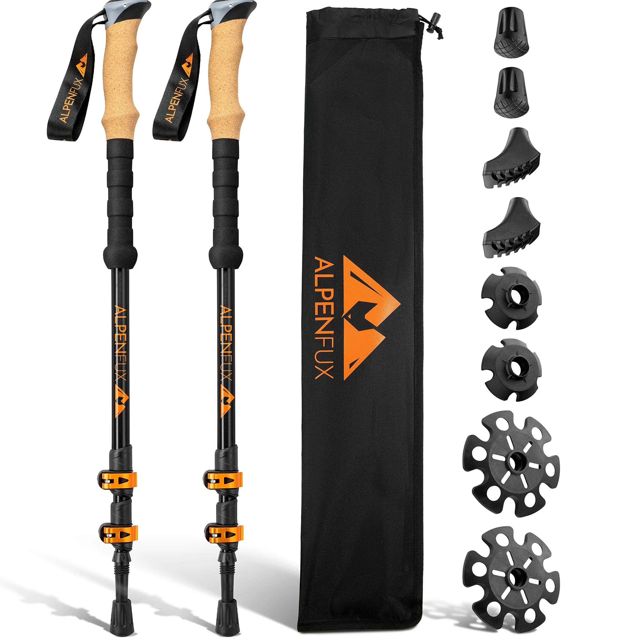 ALPENFUX Bastones de senderismo telescópicos de alta calidad, bastones de trekking, bastones de marcha nórdica, ligeros y ajustables con mango de corcho para hombre y mujer
