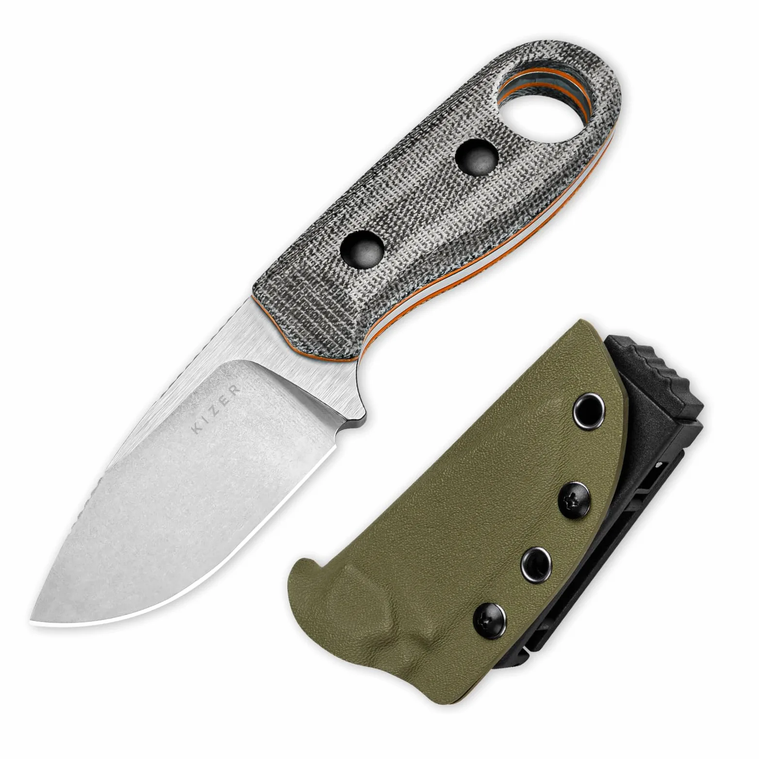 Kizer Beaver Cuchillo de Hoja Fija con Funda, Hoja de Acero Nitro-V de 2,75" Cuchillo EDC con Mango de Micarta y G10, Pequeños Cuchillos de Supervivencia Bushcraft para Hombres y Mujeres, 1078A2 | Cuchillo de camping con punta fija de acero Nitro-V de 7 c