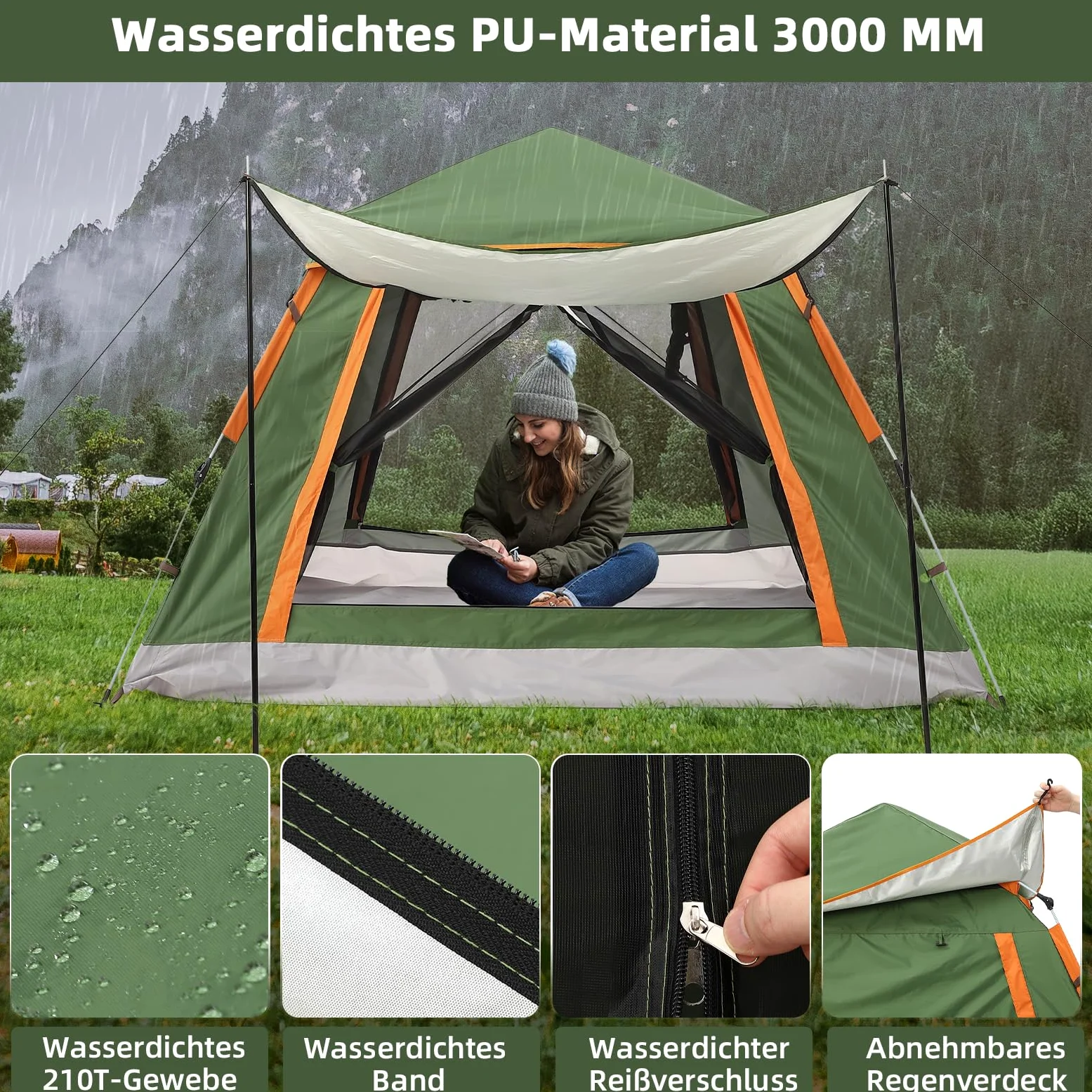 HAUSPROFI tienda de campaña pop up para 2 a 3 personas, toldo para ventana, tienda impermeable automática, doble ventilación, protección contra mosquitos, 2 capas