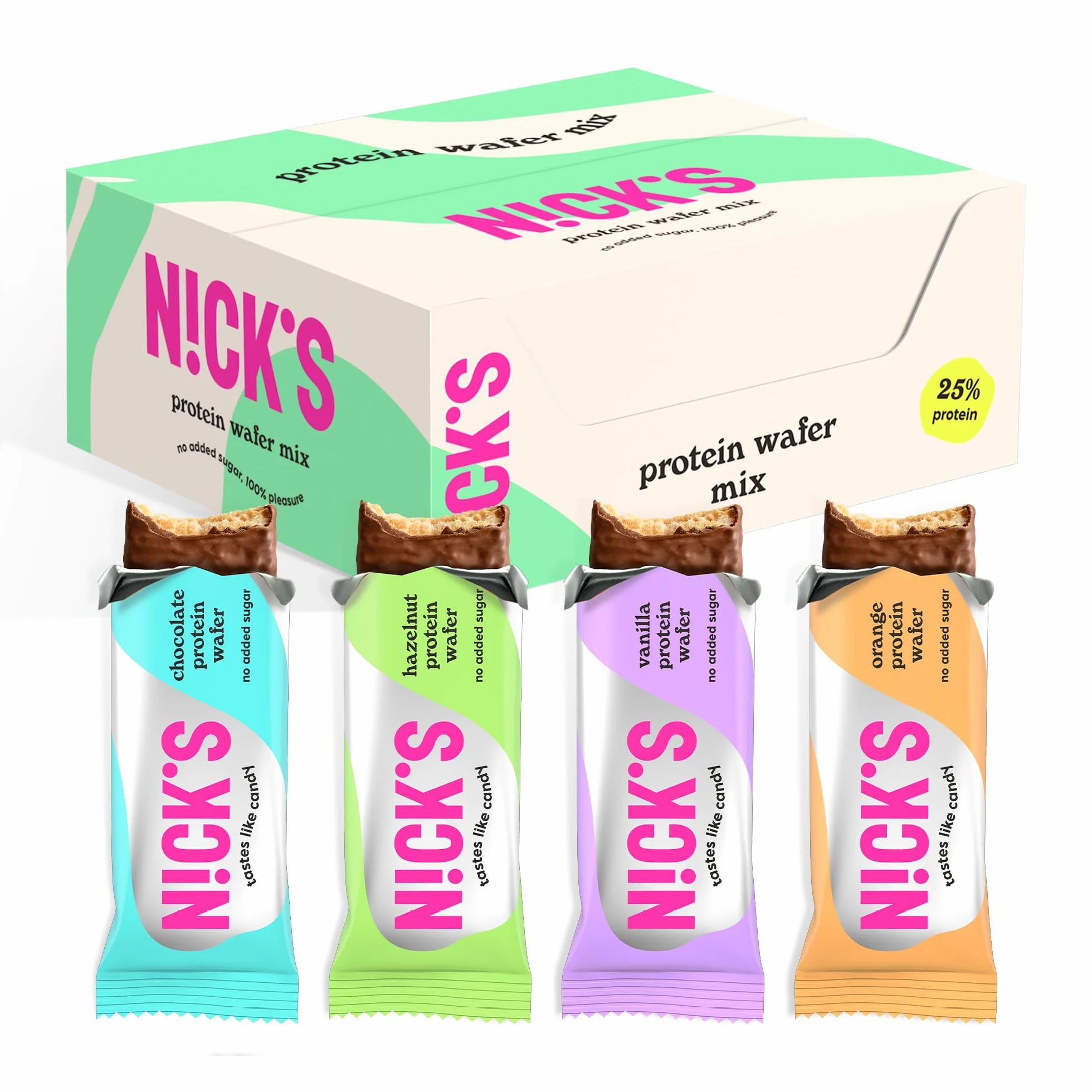 NICKS Barritas Protein wafer 25% Proteína 203 calorías Chocolate Sin Azúcar Añadido Low Carb Snack Bar Sin Gluten 9x40g