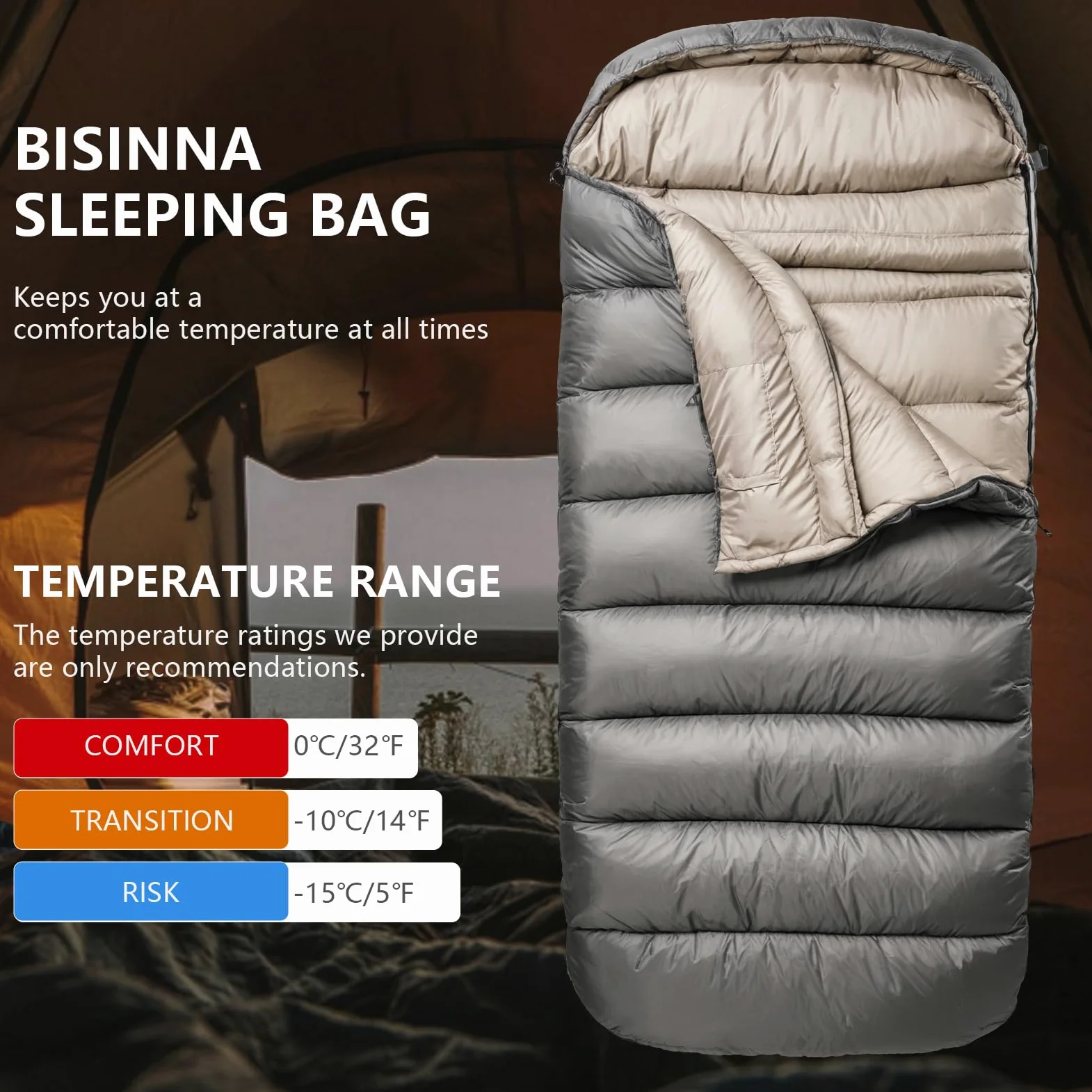 BISINNA Saco de Dormir XL para Adultos, Cuatro Estaciones Sobredimensionado Cálido Cómodo Impermeable Ligero Saco de Dormir, Camping Mochilero Senderismo Interior y Exterior | Saco de dormir XL extra grande y ancho, 3,5 kg, para camping estático y camping