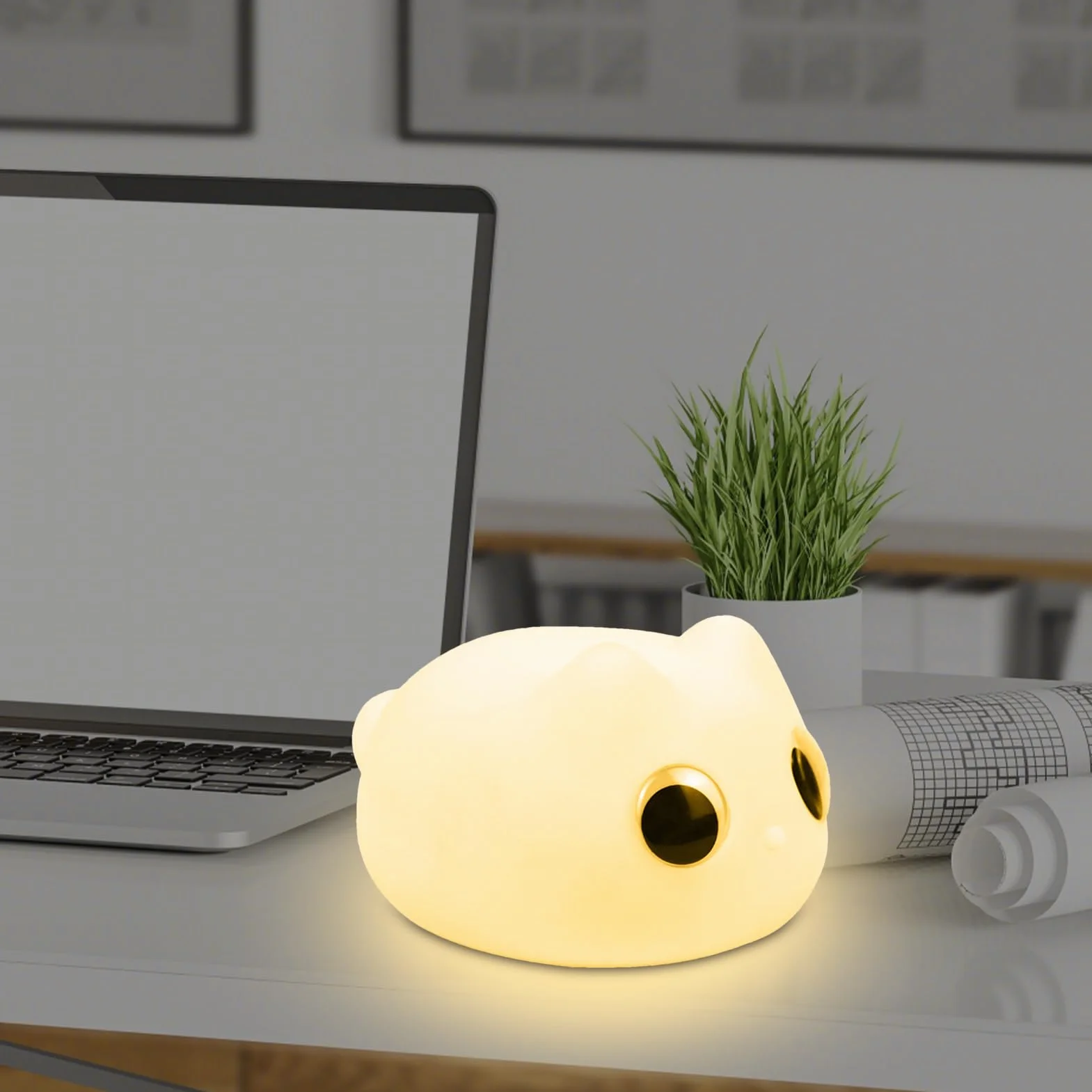 Lámpara nocturna de gato de silicona recargable para niños, decoración de habitación infantil