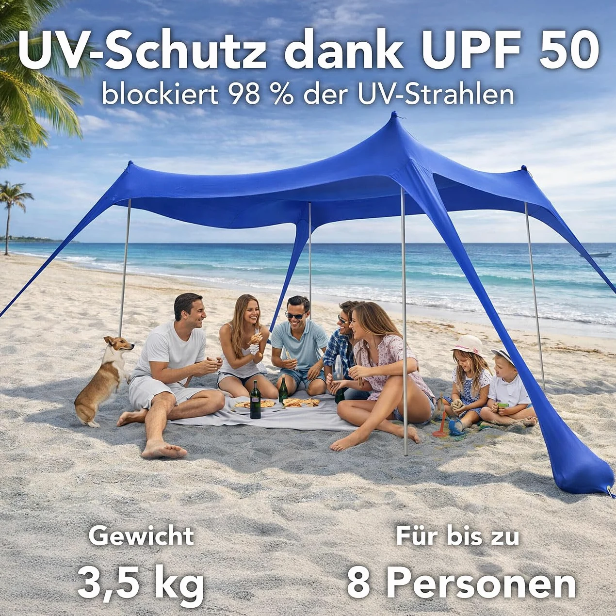 Semptec Strandzelt con protección UV UPF 50+, 4 Postes, 3 x 3 x 2 m, Lavable