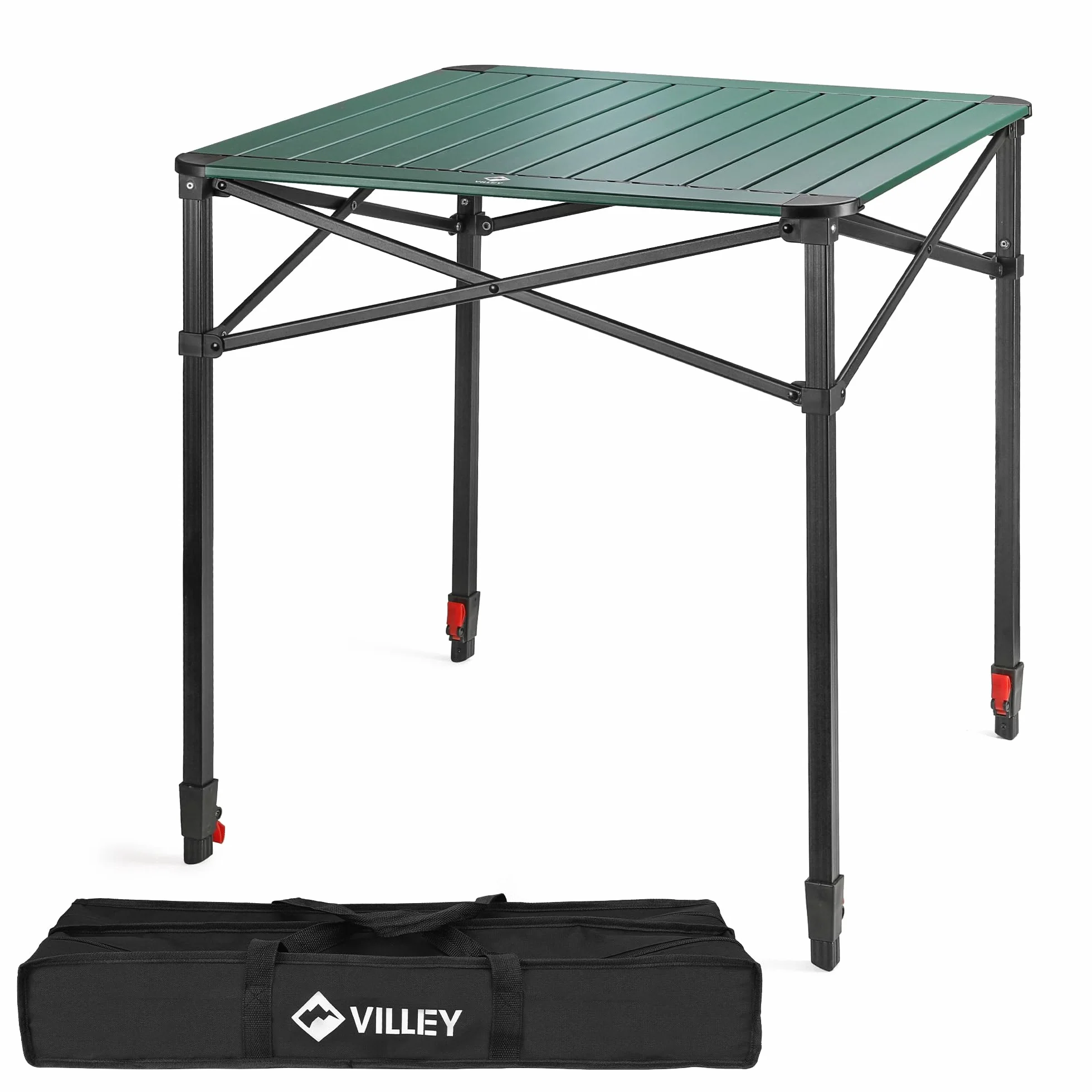 VILLEY Mesa Plegable con Bolsa de Transporte, Mesa Plegable Portátil de Aluminio, Mesa de Camping de Altura Ajustable, Mesa de Acampada para Picnic, Pesca, Camping, Playa y Extrior, 70 * 70 * 78cm