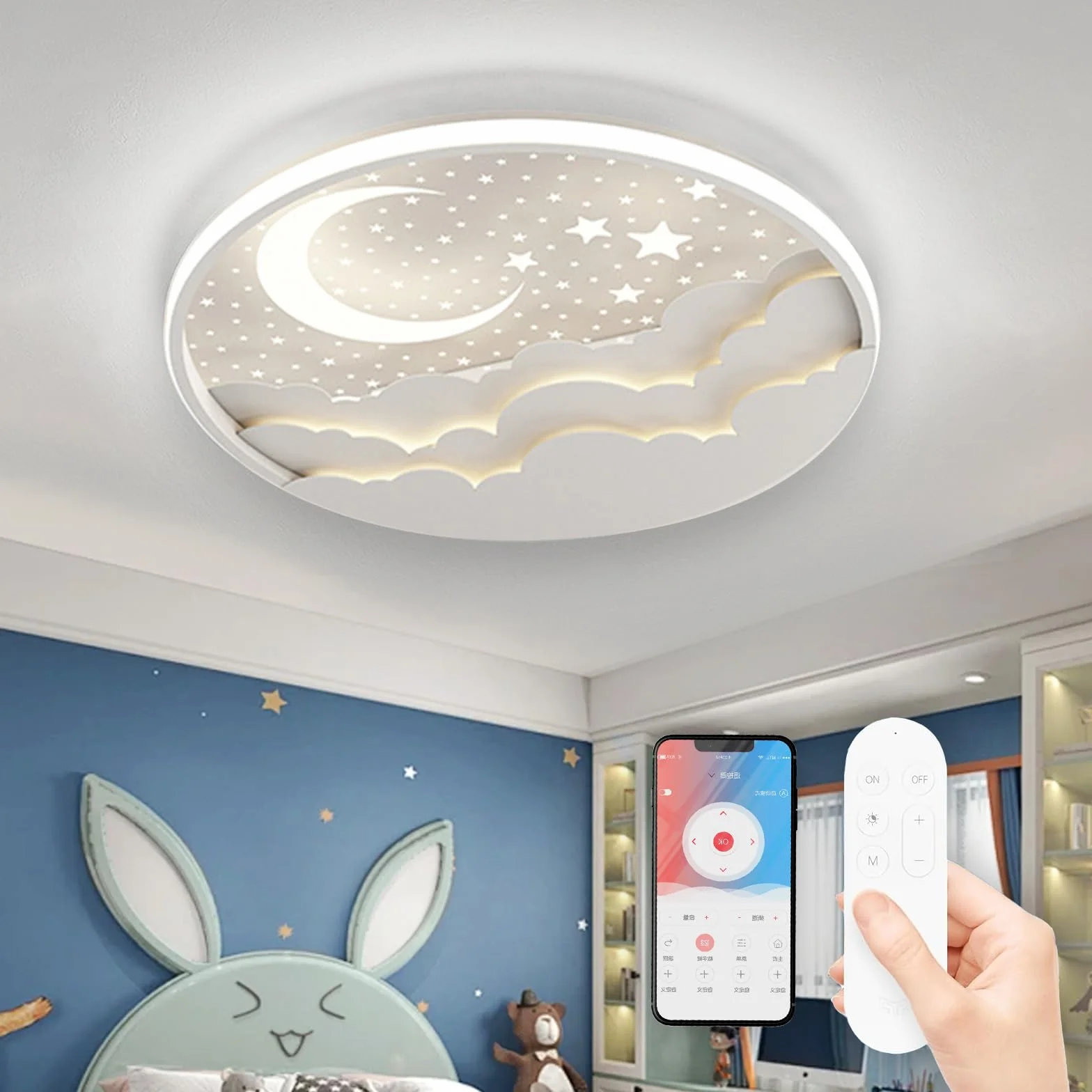 Lámpara de Techo LED Regulable Infantil Estrella Luna con Control Remoto Blanco