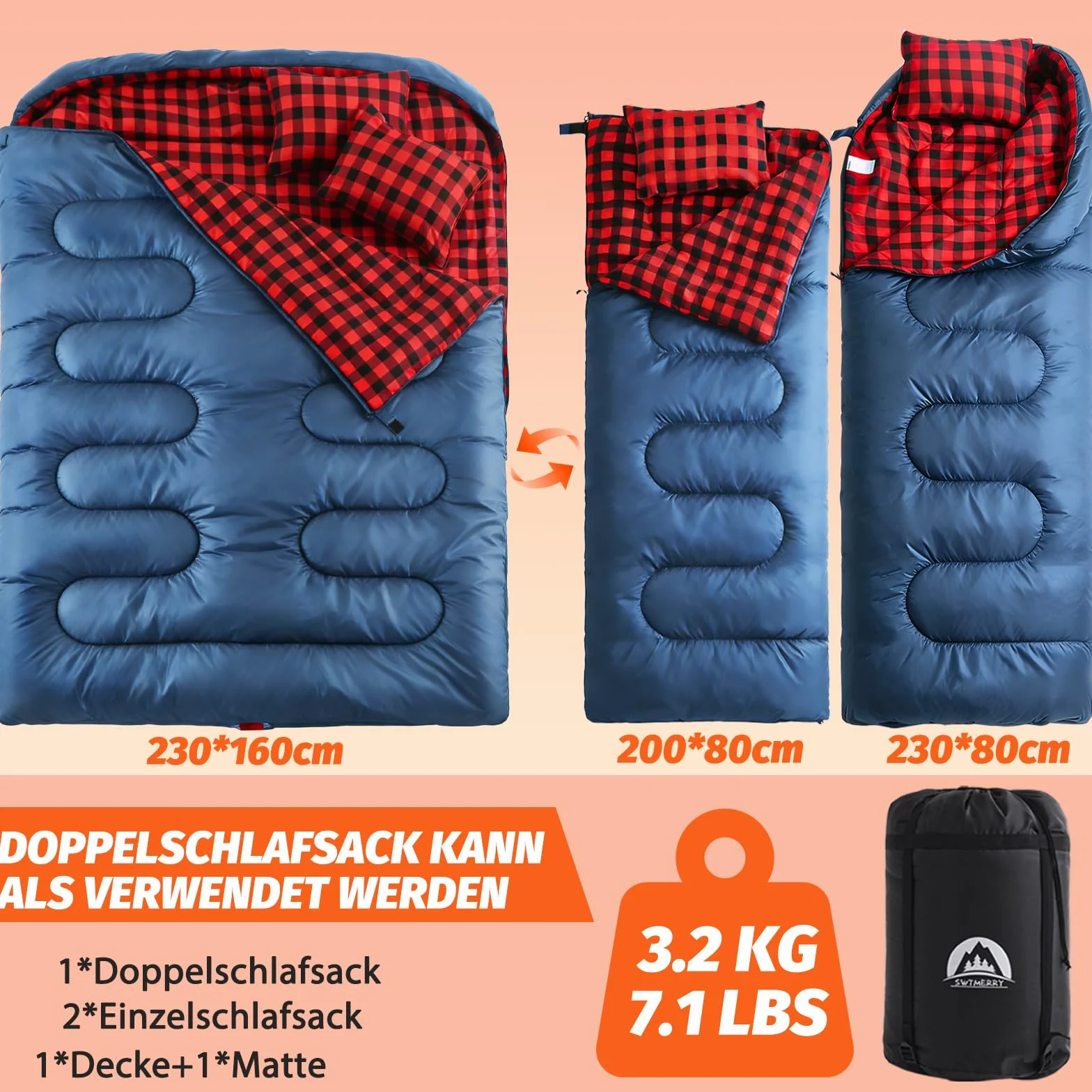 SWTMERRY Saco de dormir doble para camping para adultos, saco de dormir para 2 personas, 230 x 160 cm, con 2 almohadas para familia, exteriores, senderismo, viajes