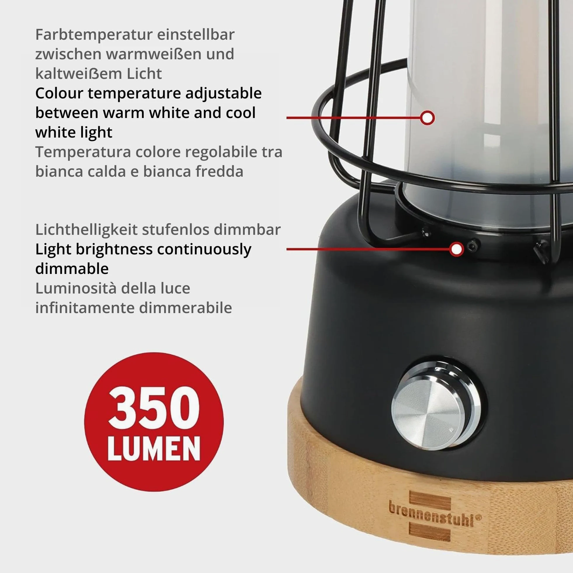 Brennenstuhl linterna camping recargable/lámpara de camping CAL 1 con cuerda de cáñamo y base de bambú (350lm, IP44, hasta 75h de iluminación, luz regulable, power bank)