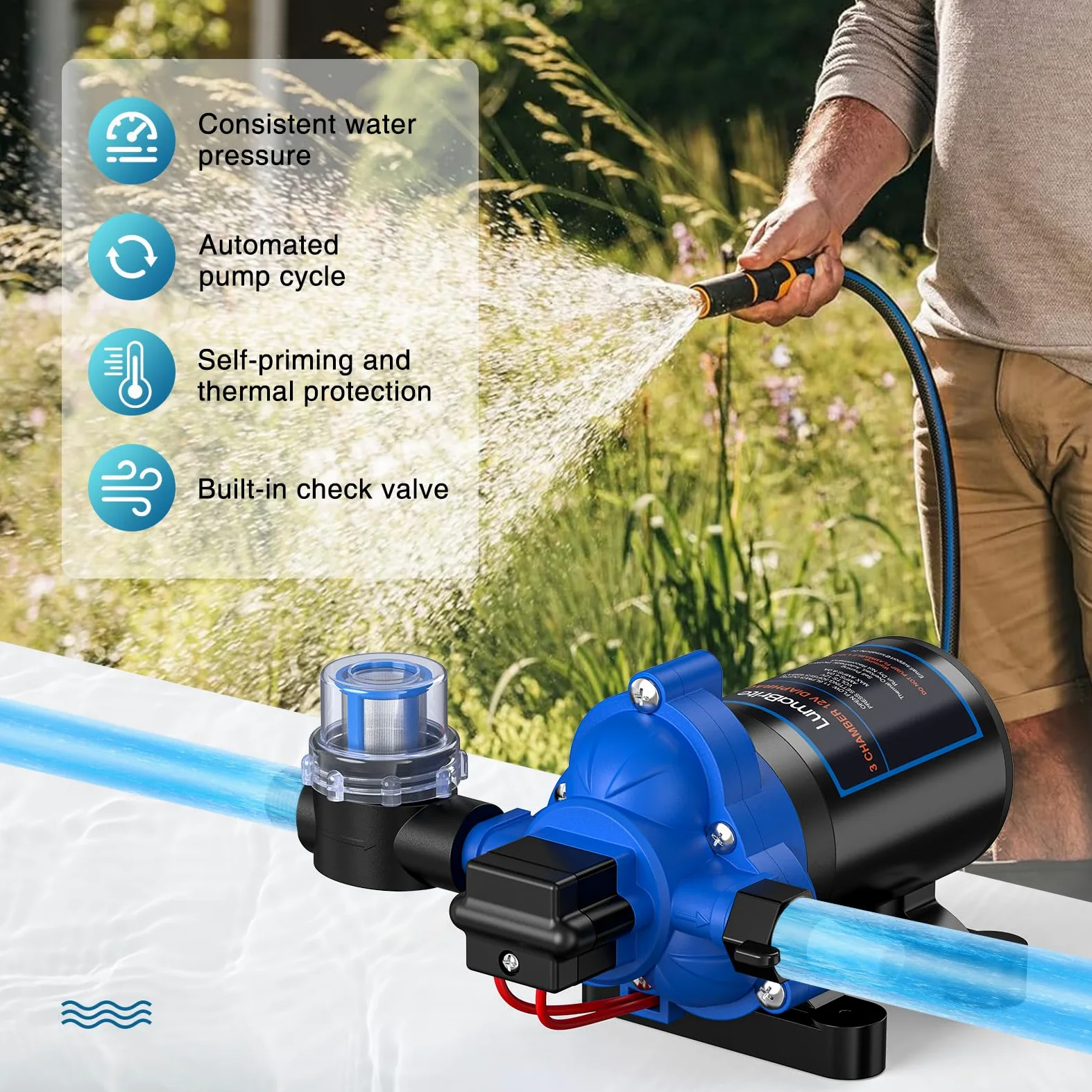 Bomba de Agua 12V, 3.0 GPM 50 PSI Bombas de Agua Sumergibles 12V DC Interruptor de Presión Automático Ajustable para RV, Yate, Jardín, Autocaravana